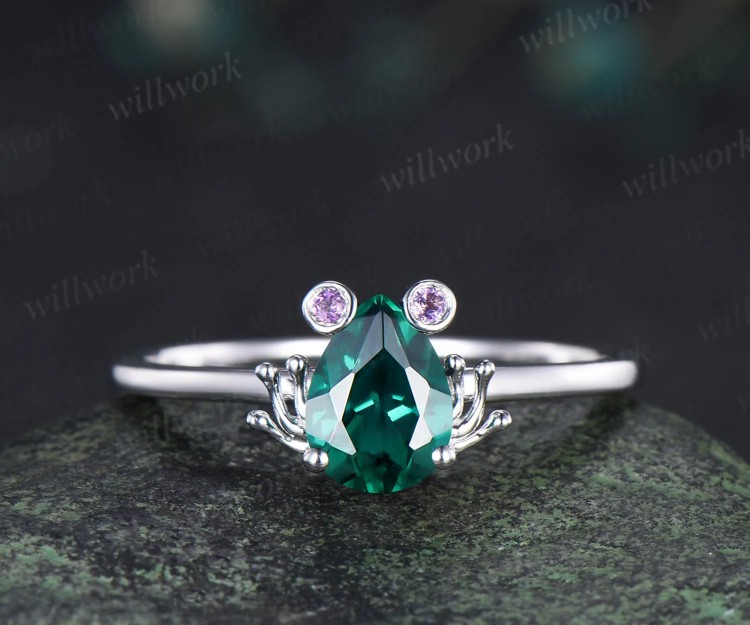 Unique pear emerald engagement ring set frog animal inspired wedding ring baguette emerald moissanite wedding band bridal set sold by Willwork Jewelry product image thumbnail 3