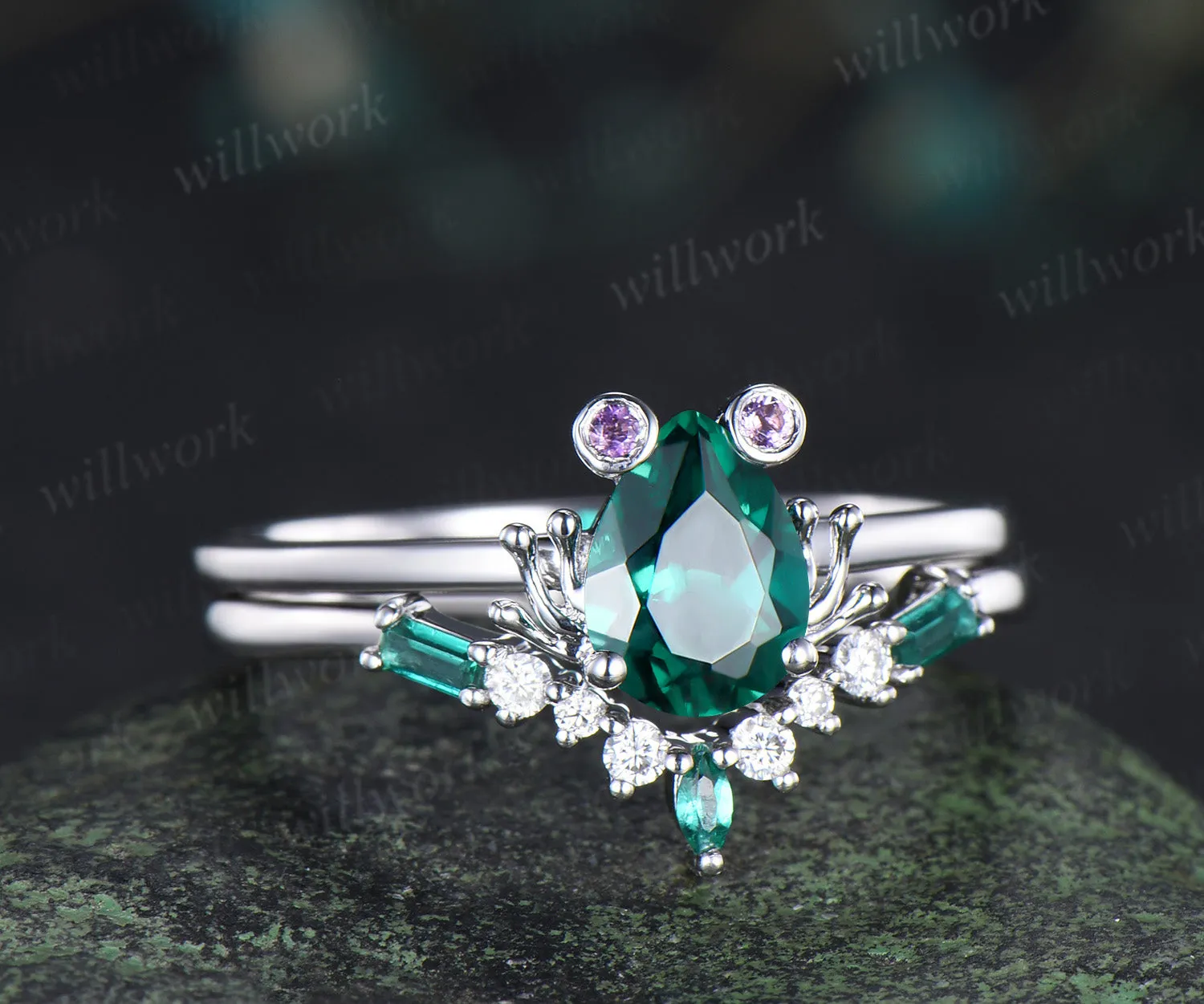 Unique pear emerald engagement ring set frog animal inspired wedding ring baguette emerald moissanite wedding band bridal set sold by Willwork Jewelry product image thumbnail 4