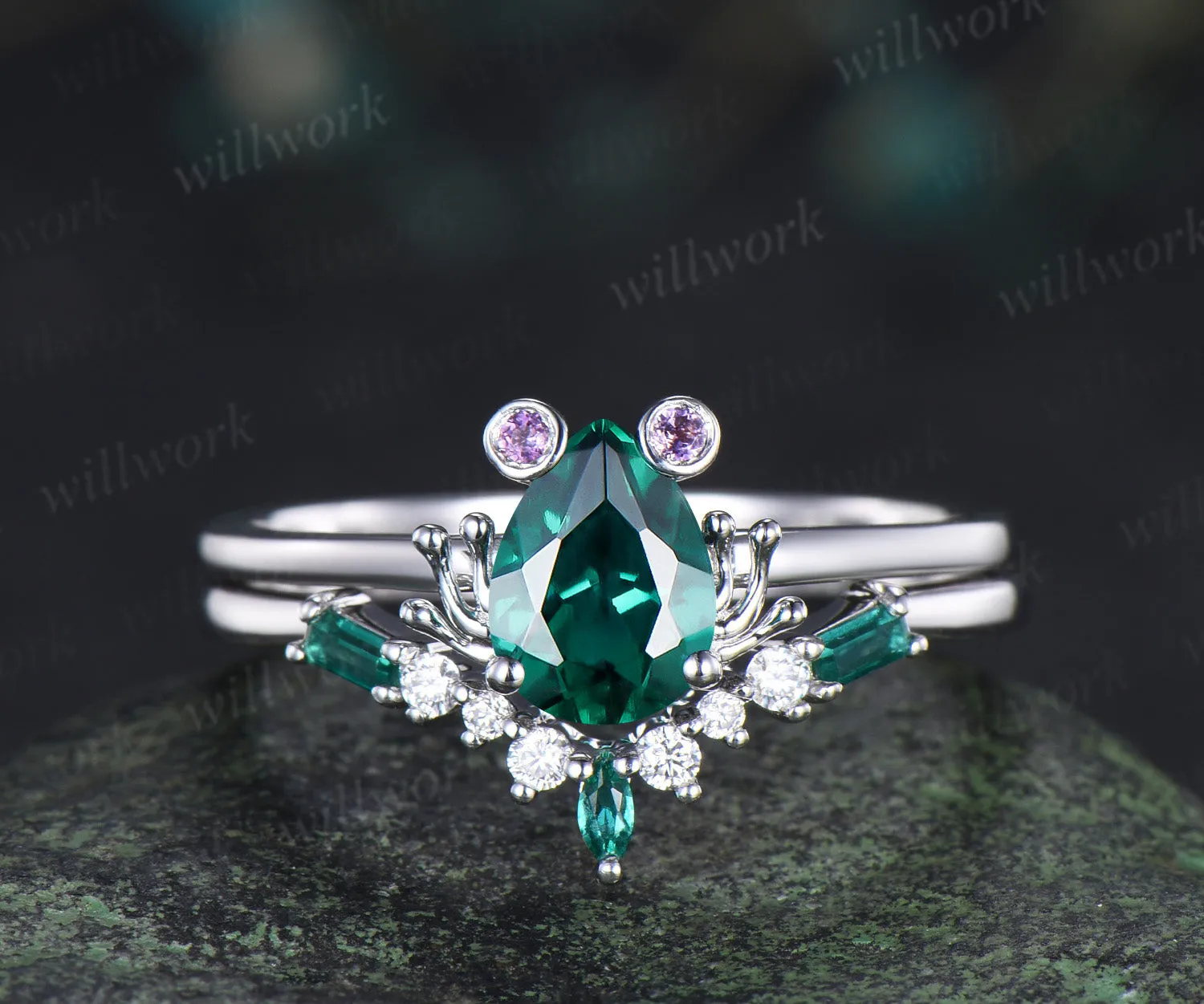 Unique pear emerald engagement ring set frog animal inspired wedding ring baguette emerald moissanite wedding band bridal set sold by Willwork Jewelry
