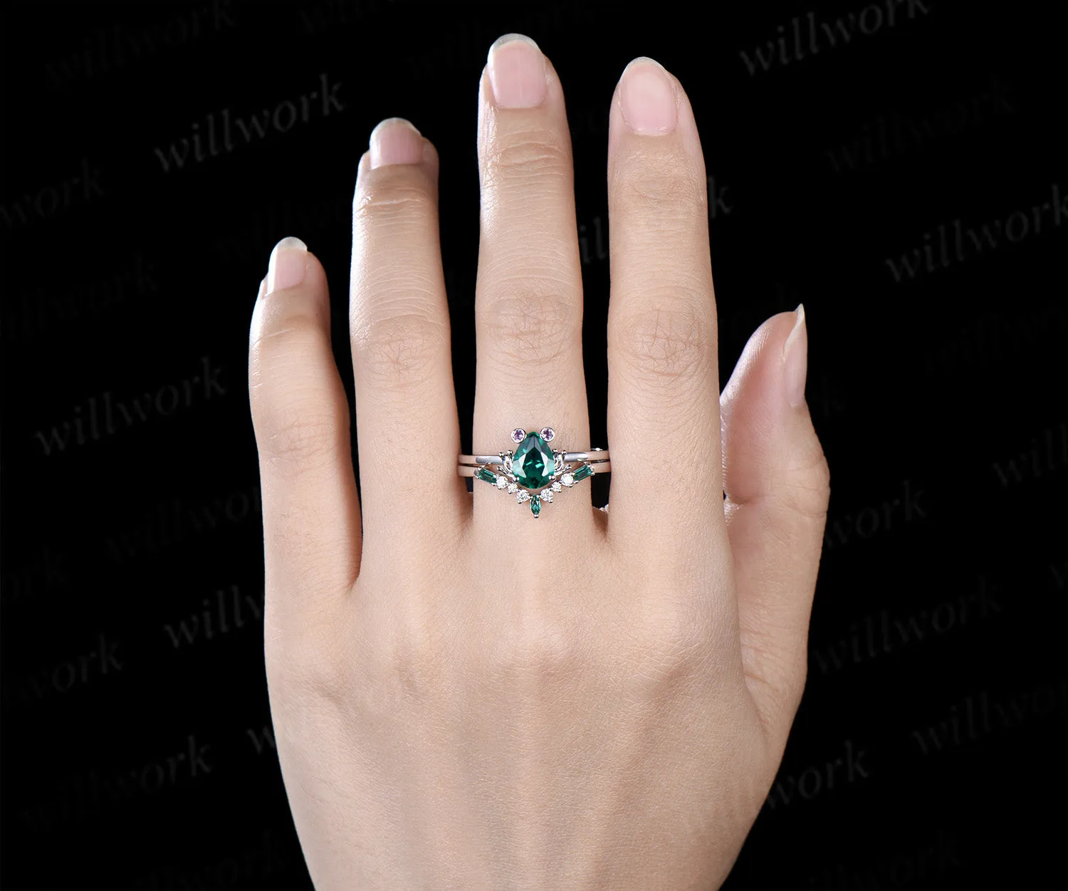 Unique pear emerald engagement ring set frog animal inspired wedding ring baguette emerald moissanite wedding band bridal set sold by Willwork Jewelry product image thumbnail 2