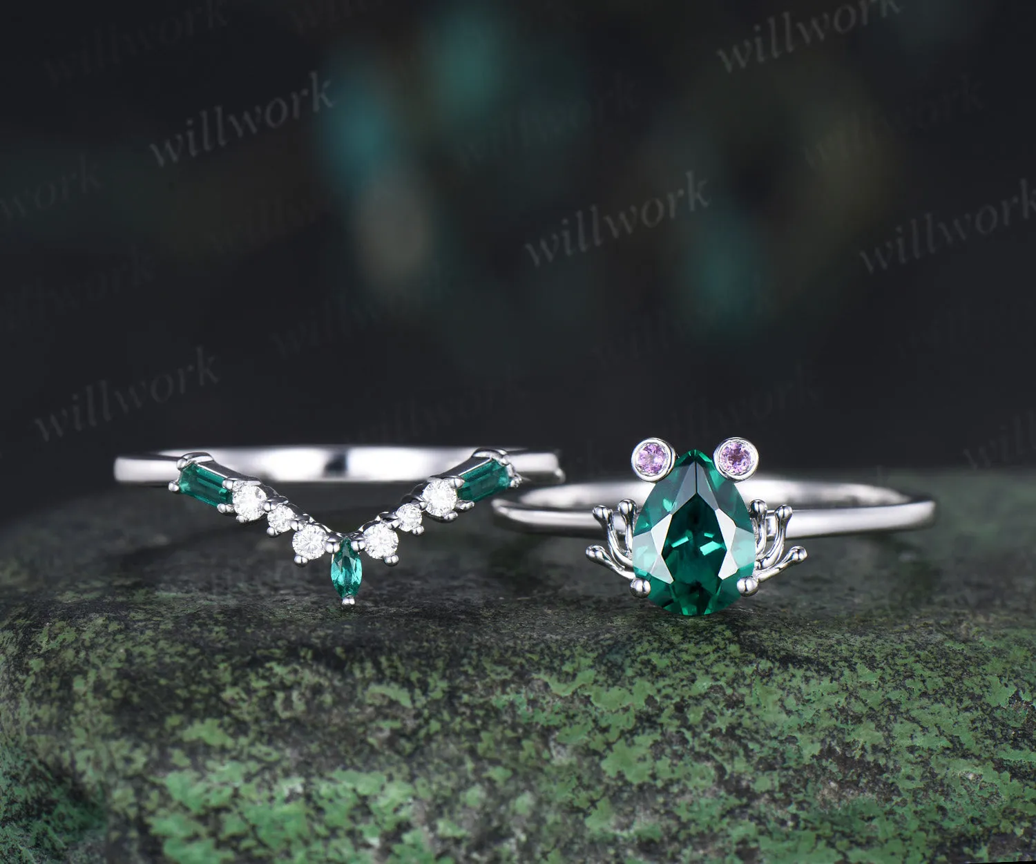 Unique pear emerald engagement ring set frog animal inspired wedding ring baguette emerald moissanite wedding band bridal set sold by Willwork Jewelry product image thumbnail 5