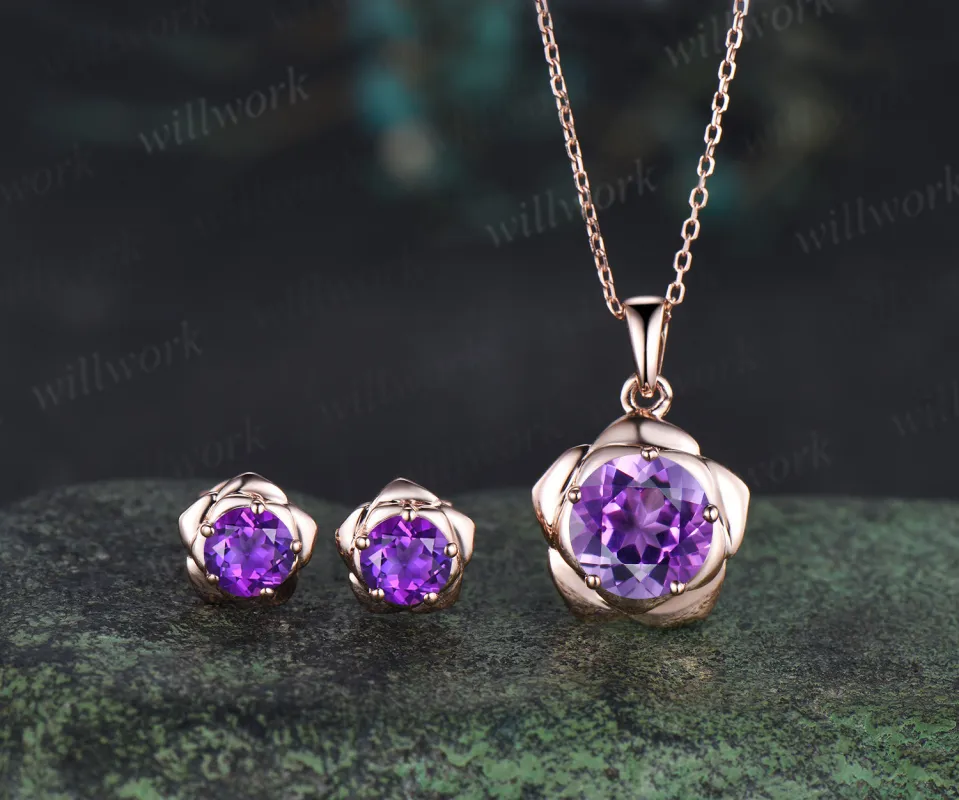 Round amethyst flower stud earrings necklace jewelry set dainty solitaire flower pendant minimalist stud earrings gifts for women sold by Willwork Jewelry
