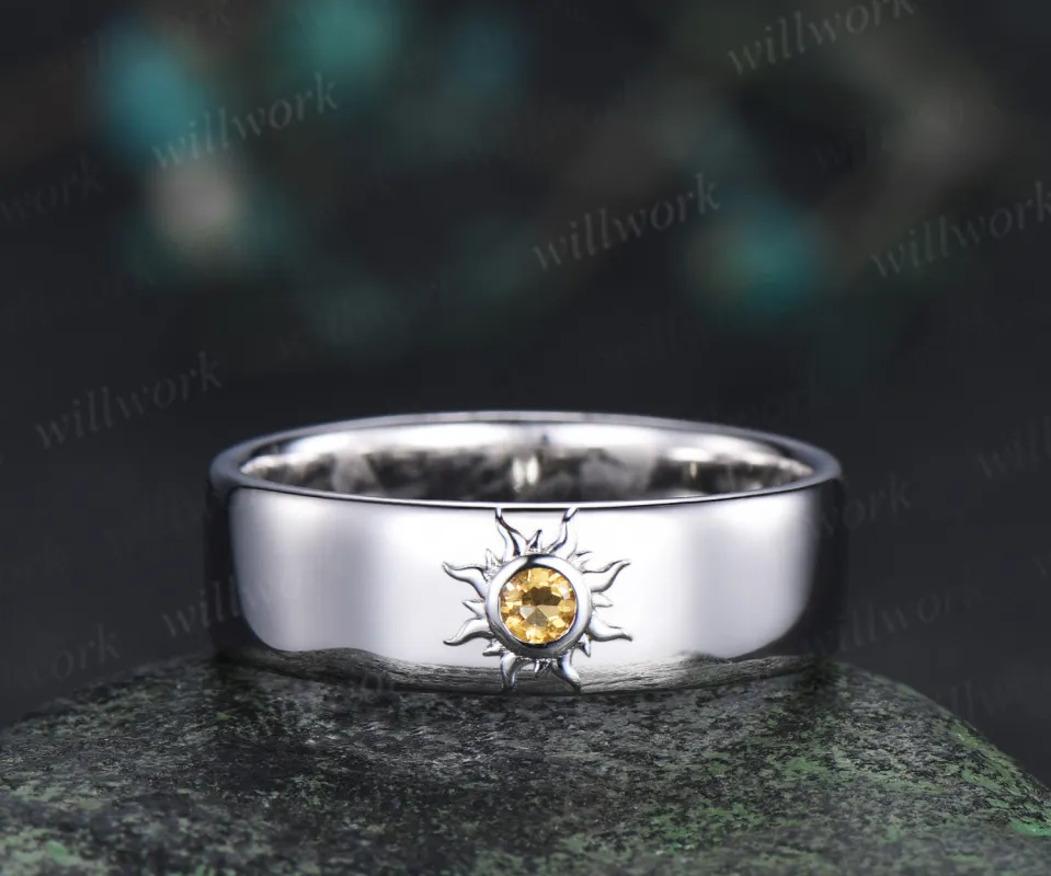 Unique sun round cut citrine men ring solitaire crystal bezel setting men engagement ring anniversary birthday gifts for him made by Willwork Jewelry