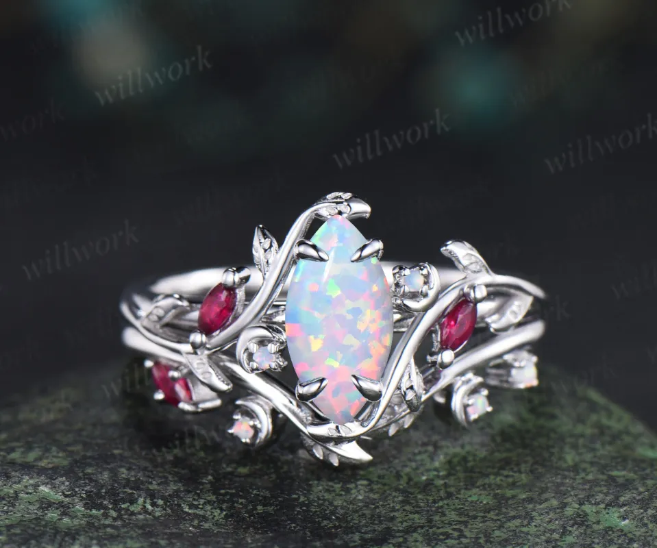 Marquise opal ring white gold leaf moon nature inspired engagement ring set vintage ruby ring women sold by Willwork Jewelry
