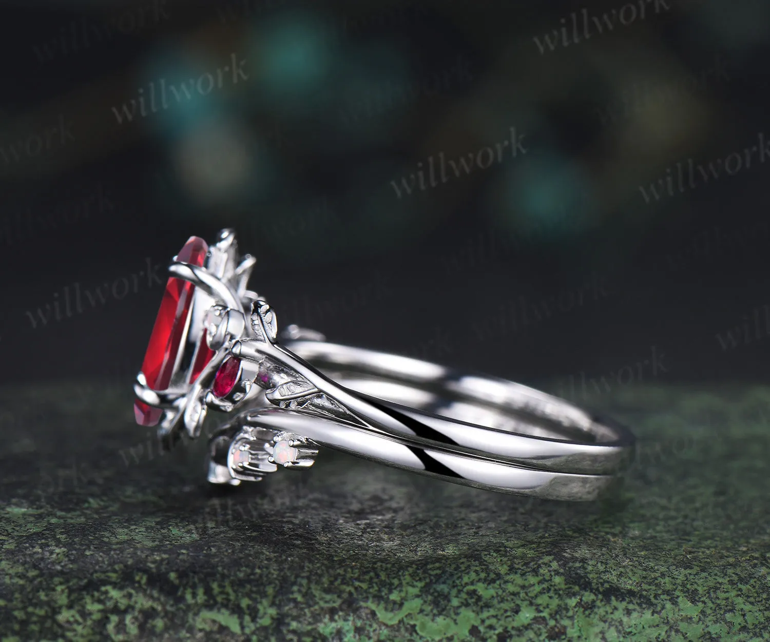 Vintage marquise red ruby engagement ring set white gold unique twig leaf moon ring opal wedding band bridal jewelry set sold by Willwork Jewelry product image thumbnail 5