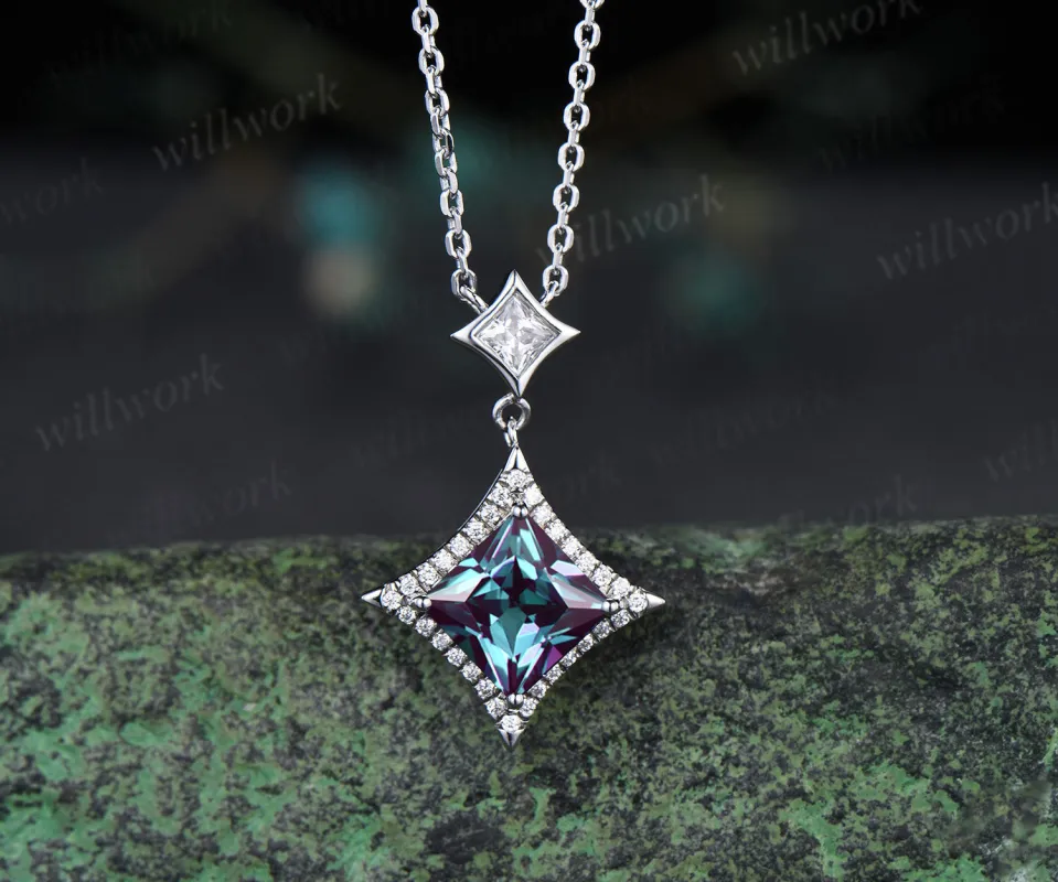 Princess Cut alexandrite diamond Halo Pendant Necklace Solid 14k White Gold Square Shape Drop Necklace sold by Willwork Jewelry