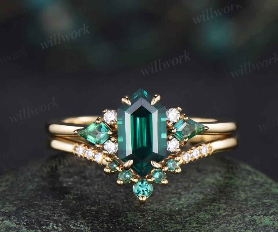 Long hexagon kite cut emerald engagement ring set solid 14k yellow gold cluster moissanite bridal set women sold by Willwork Jewelry
