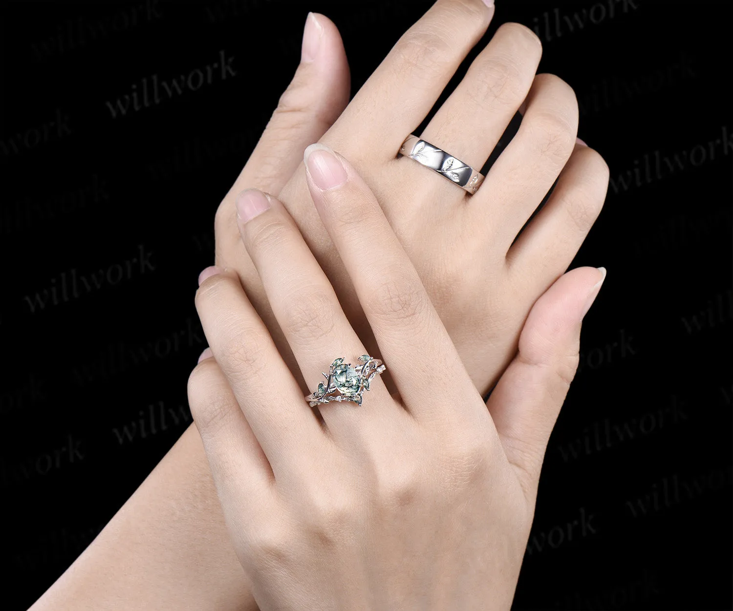 Oval Cut Natural Moss Agate Leaf Floral Ring Set & 5.5mm Leaf Engraved Full Eternity Men Ring Elegant Couple Ring Set sold by Willwork Jewelry product image thumbnail 2