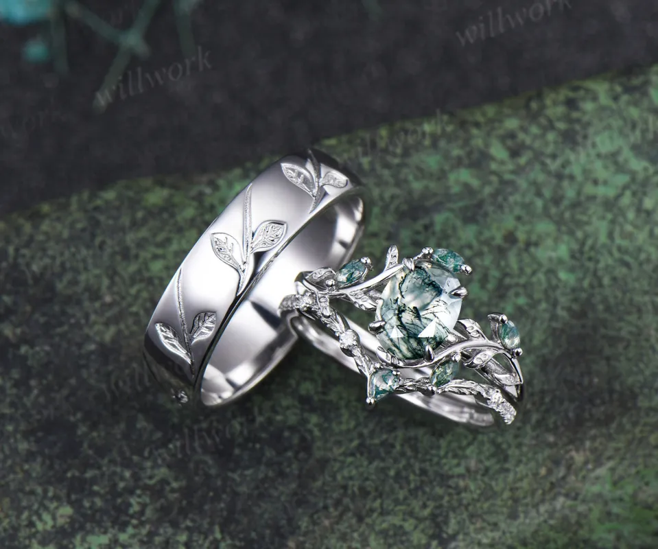 Oval Cut Natural Moss Agate Leaf Floral Ring Set & 5.5mm Leaf Engraved Full Eternity Men Ring Elegant Couple Ring Set sold by Willwork Jewelry