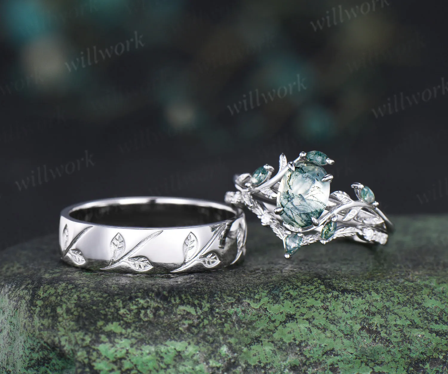 Oval Cut Natural Moss Agate Leaf Floral Ring Set & 5.5mm Leaf Engraved Full Eternity Men Ring Elegant Couple Ring Set sold by Willwork Jewelry product image thumbnail 4