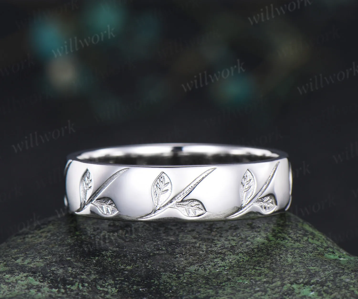 Oval Cut Natural Moss Agate Leaf Floral Ring Set & 5.5mm Leaf Engraved Full Eternity Men Ring Elegant Couple Ring Set sold by Willwork Jewelry product image thumbnail 3