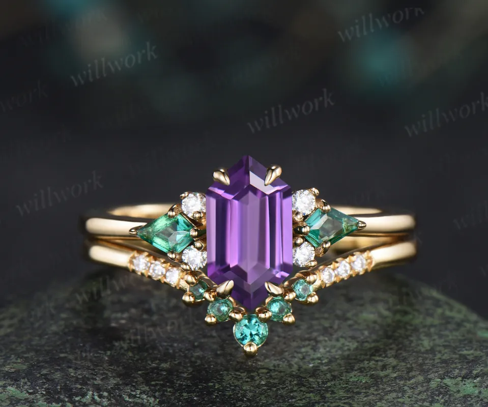 Long hexagon cut purple amethyst ring kite emerald wedding ring set claw prong yellow gold unique engagement ring set jewelry sold by Willwork Jewelry