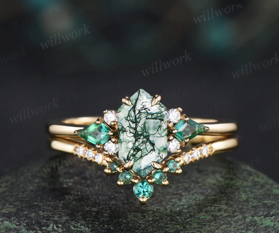 Long hexagon cut moss agate ring kite emerald wedding ring set claw prong yellow gold unique engagement ring set sold by Willwork Jewelry