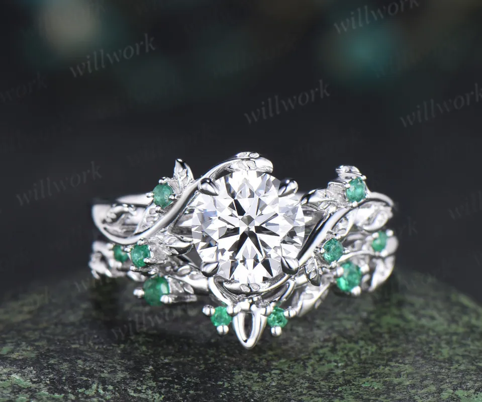 1ct round cut IGI Lab grown diamond ring white gold natural emerald wedding ring set leaf engagement ring set jewelry sold by Willwork Jewelry