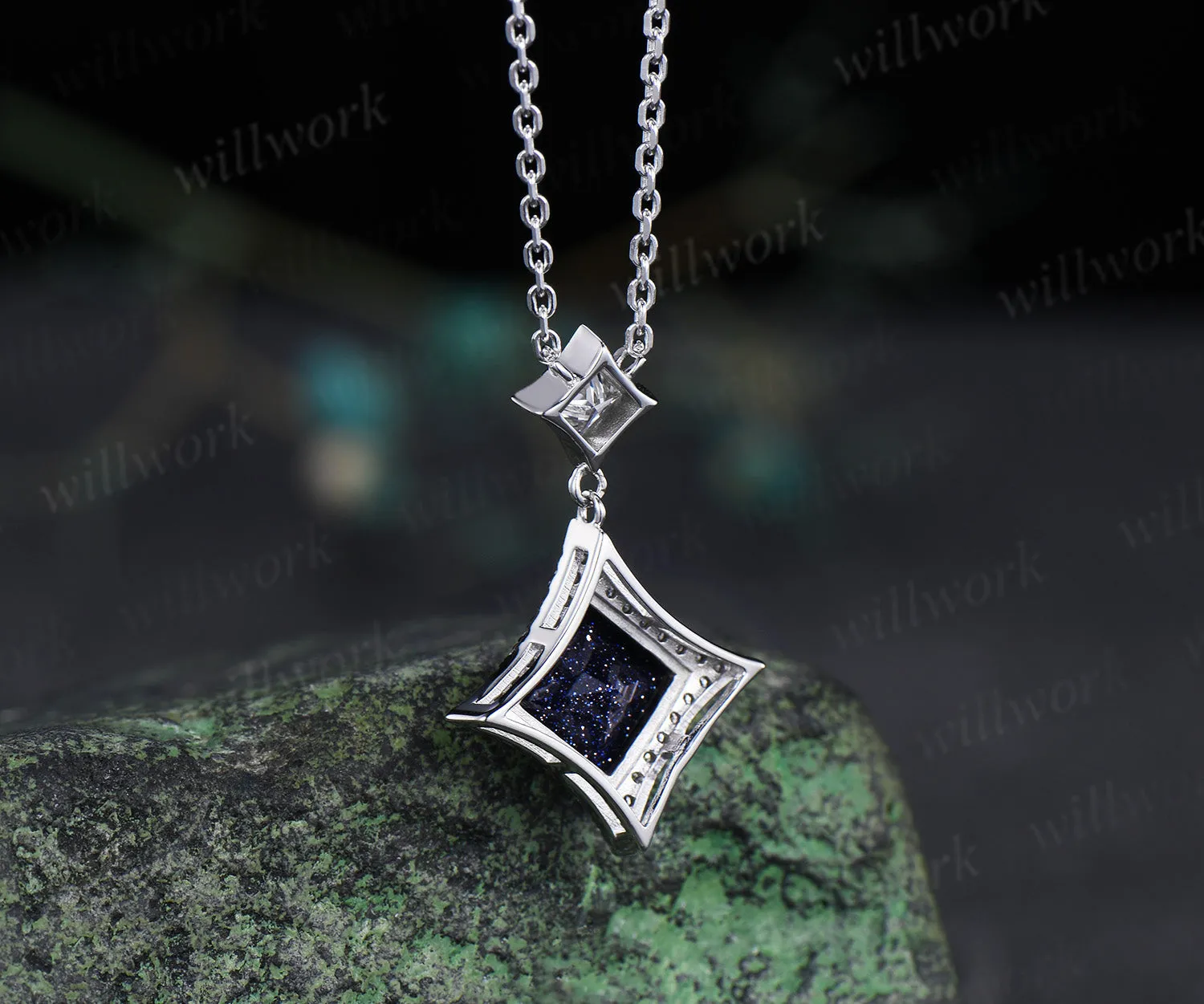 Dainty Princess Cut Galaxy Blue Sandstone diamond Halo Pendant Necklace Solid 14k White Gold Square Shape Blue Goldstone Drop Necklace sold by Willwork Jewelry product image thumbnail 4
