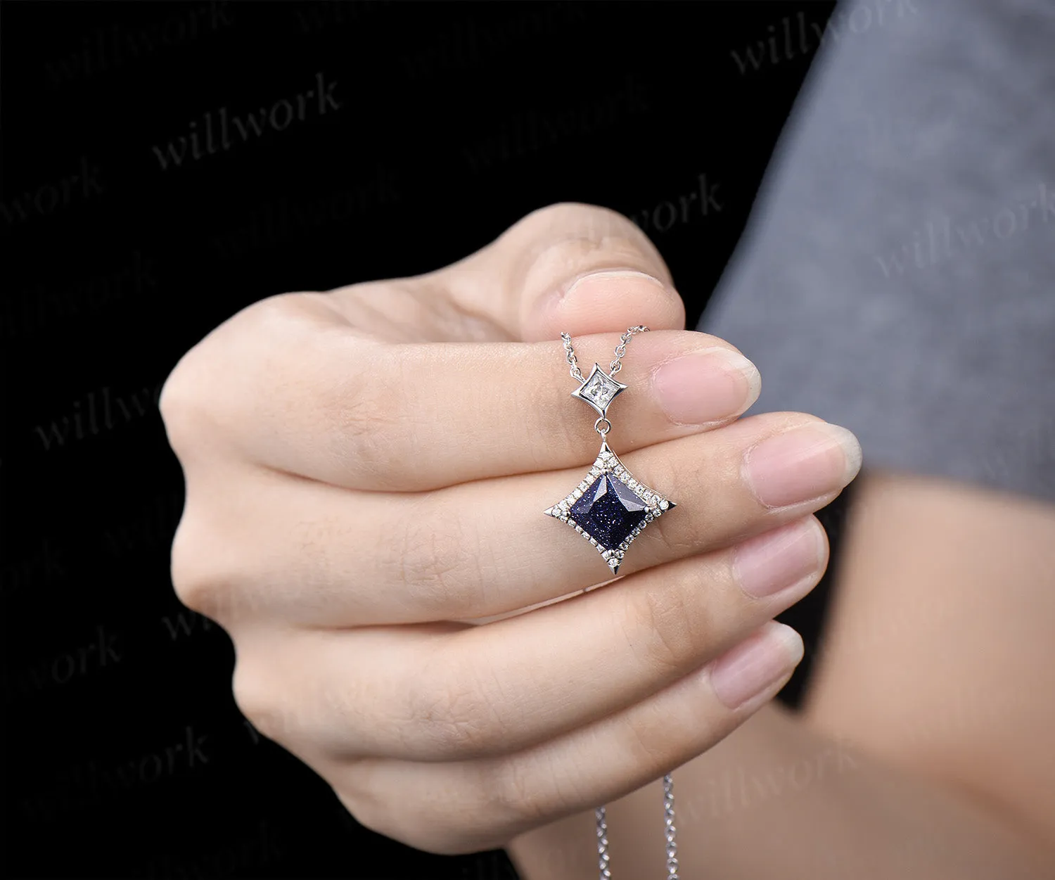 Dainty Princess Cut Galaxy Blue Sandstone diamond Halo Pendant Necklace Solid 14k White Gold Square Shape Blue Goldstone Drop Necklace sold by Willwork Jewelry product image thumbnail 5