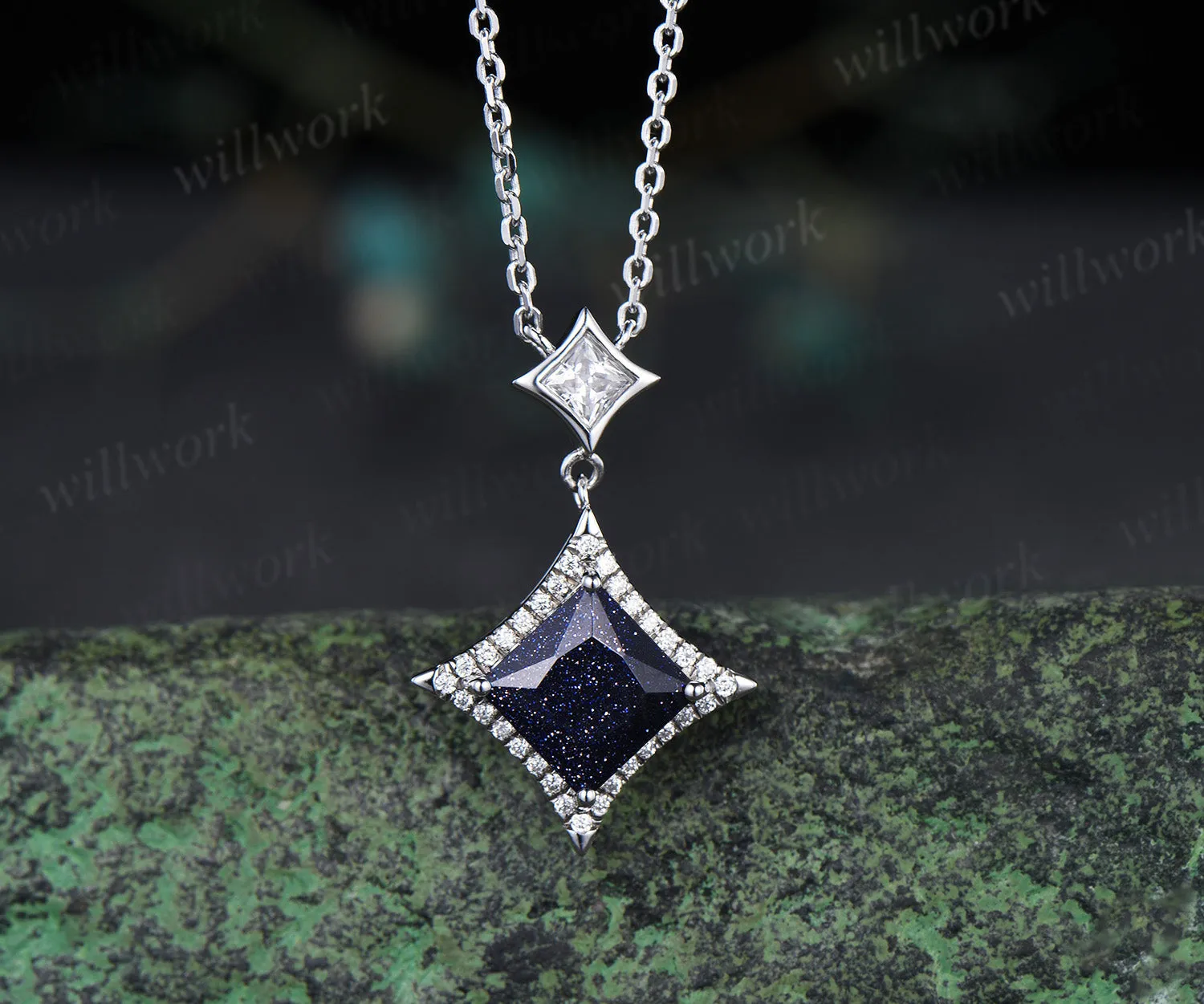 Dainty Princess Cut Galaxy Blue Sandstone diamond Halo Pendant Necklace Solid 14k White Gold Square Shape Blue Goldstone Drop Necklace sold by Willwork Jewelry