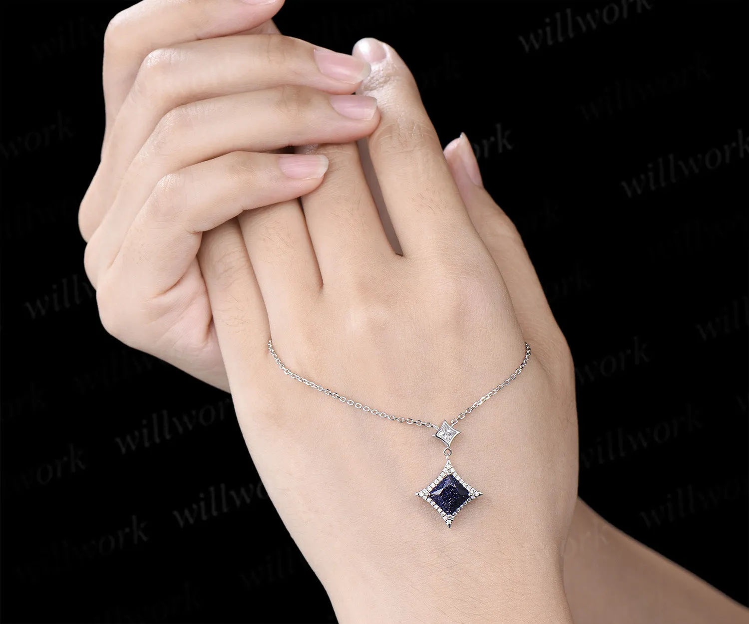Dainty Princess Cut Galaxy Blue Sandstone diamond Halo Pendant Necklace Solid 14k White Gold Square Shape Blue Goldstone Drop Necklace sold by Willwork Jewelry product image thumbnail 3