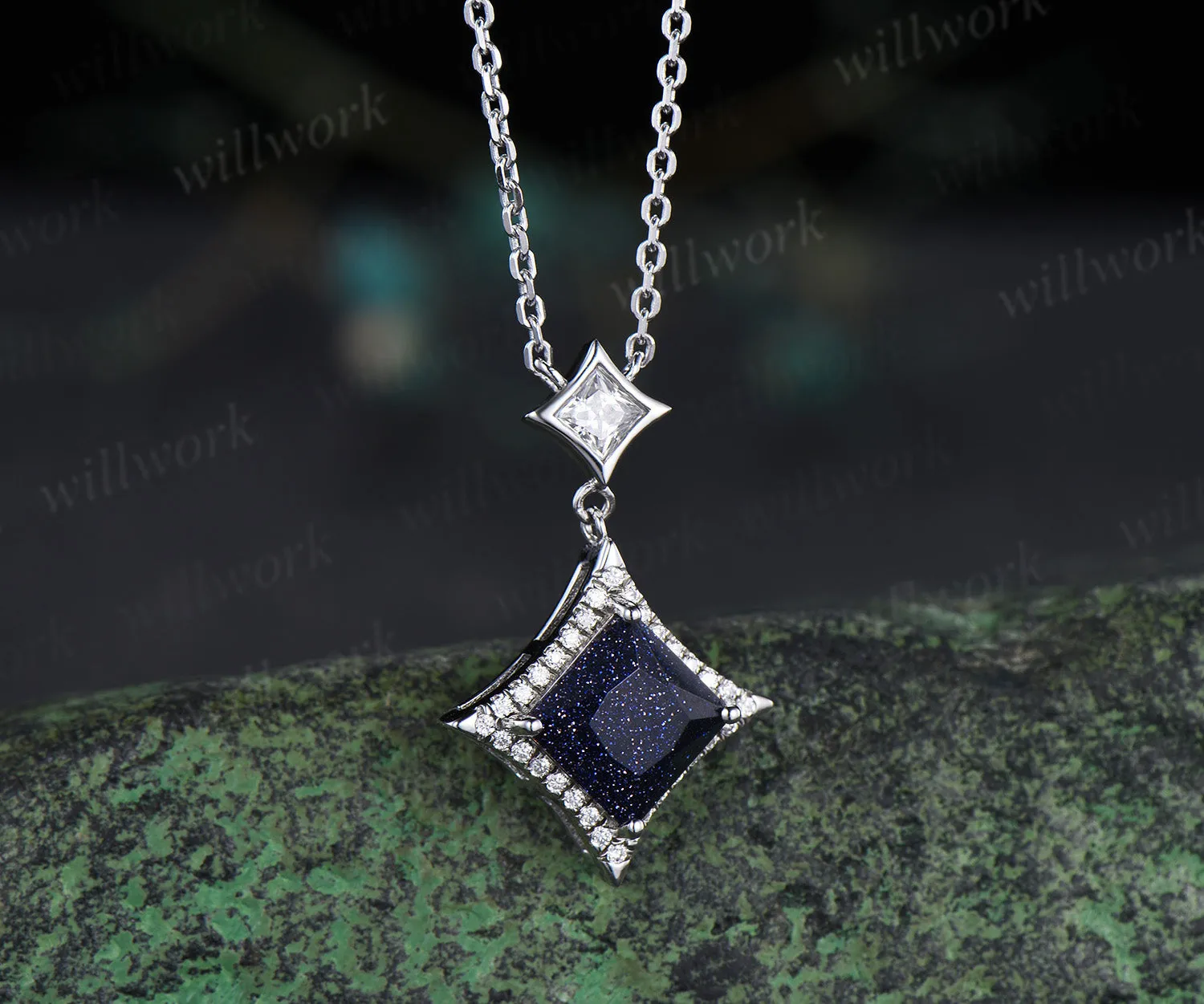 Dainty Princess Cut Galaxy Blue Sandstone diamond Halo Pendant Necklace Solid 14k White Gold Square Shape Blue Goldstone Drop Necklace sold by Willwork Jewelry product image thumbnail 2