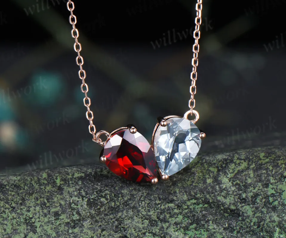 Pear garnet aquamarine necklace heart shape pendant Toi et Moi necklace minimalist birthstone necklace unique gifts sold by Willwork Jewelry