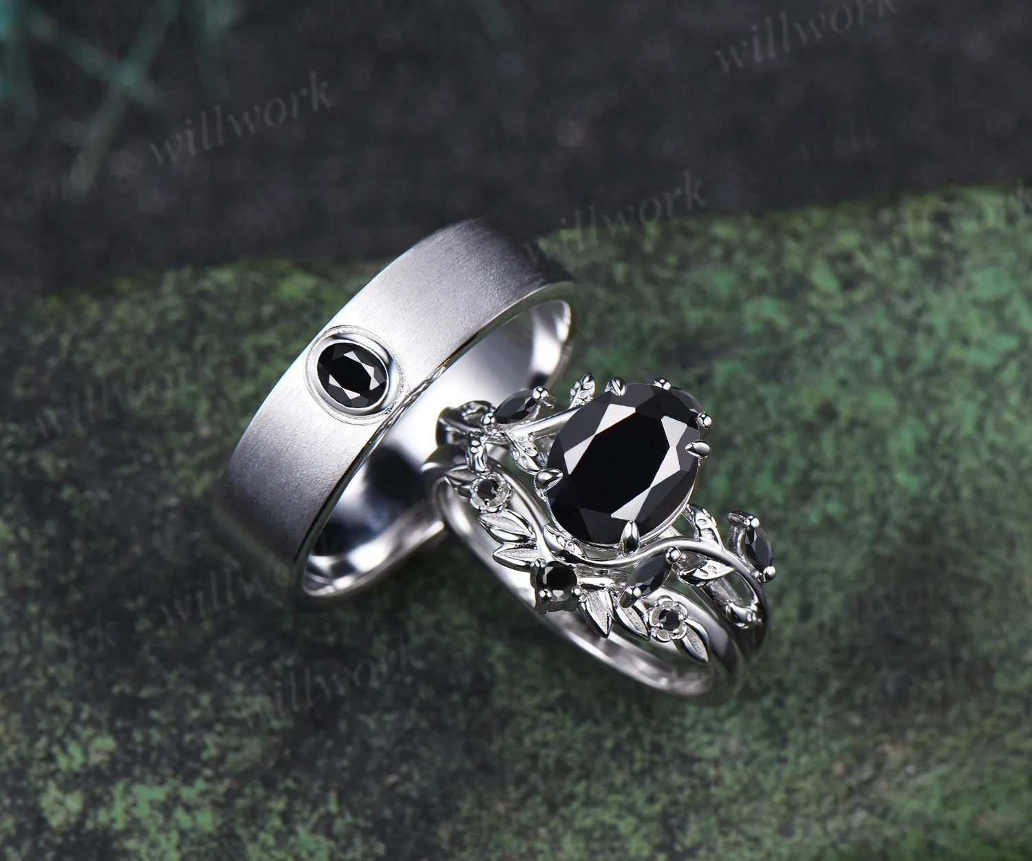 Oval Cut Black Onyx Leaf Vine Froral Ring Set & Solitaire Black Onyx Brushed Finish Men Wedding Ring Couple Ring Set sold by Willwork Jewelry