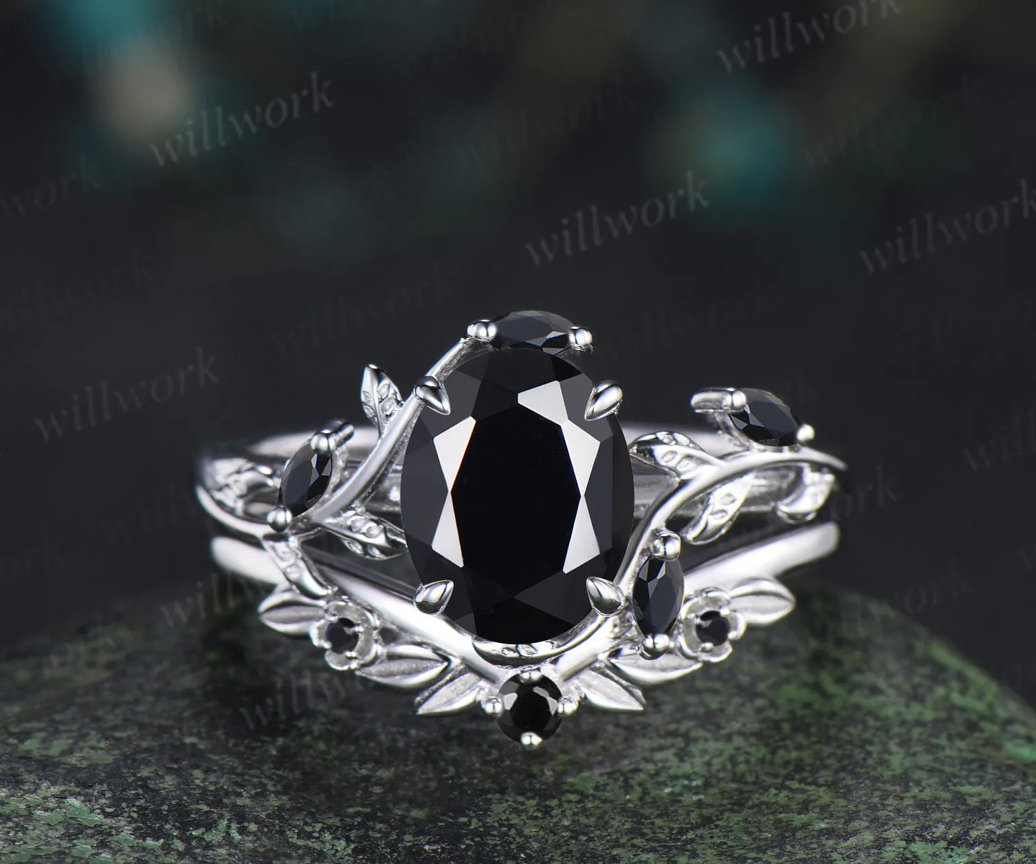 Oval Cut Black Onyx Leaf Vine Froral Ring Set & Solitaire Black Onyx Brushed Finish Men Wedding Ring Couple Ring Set sold by Willwork Jewelry product image thumbnail 5