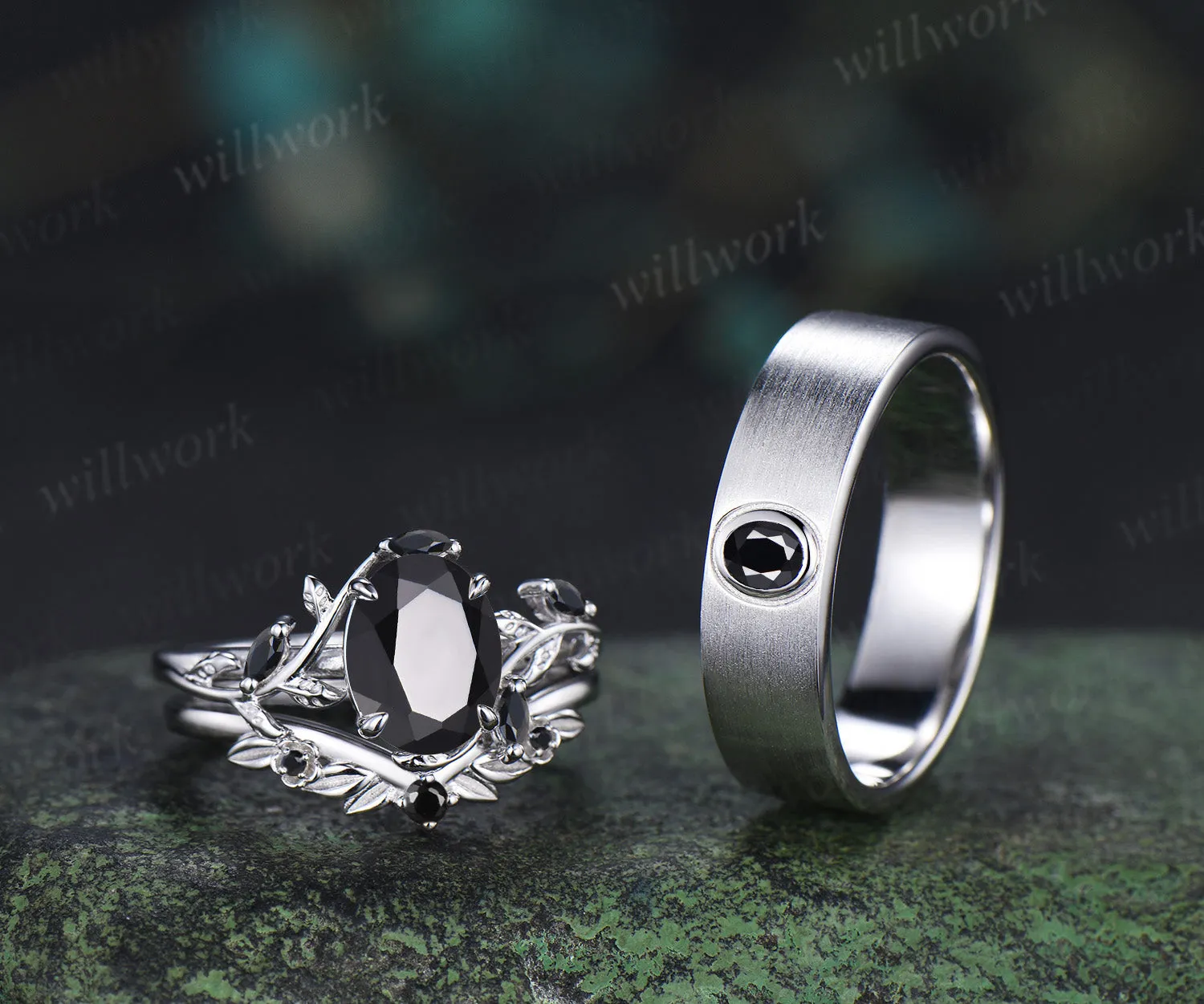 Oval Cut Black Onyx Leaf Vine Froral Ring Set & Solitaire Black Onyx Brushed Finish Men Wedding Ring Couple Ring Set sold by Willwork Jewelry product image thumbnail 3