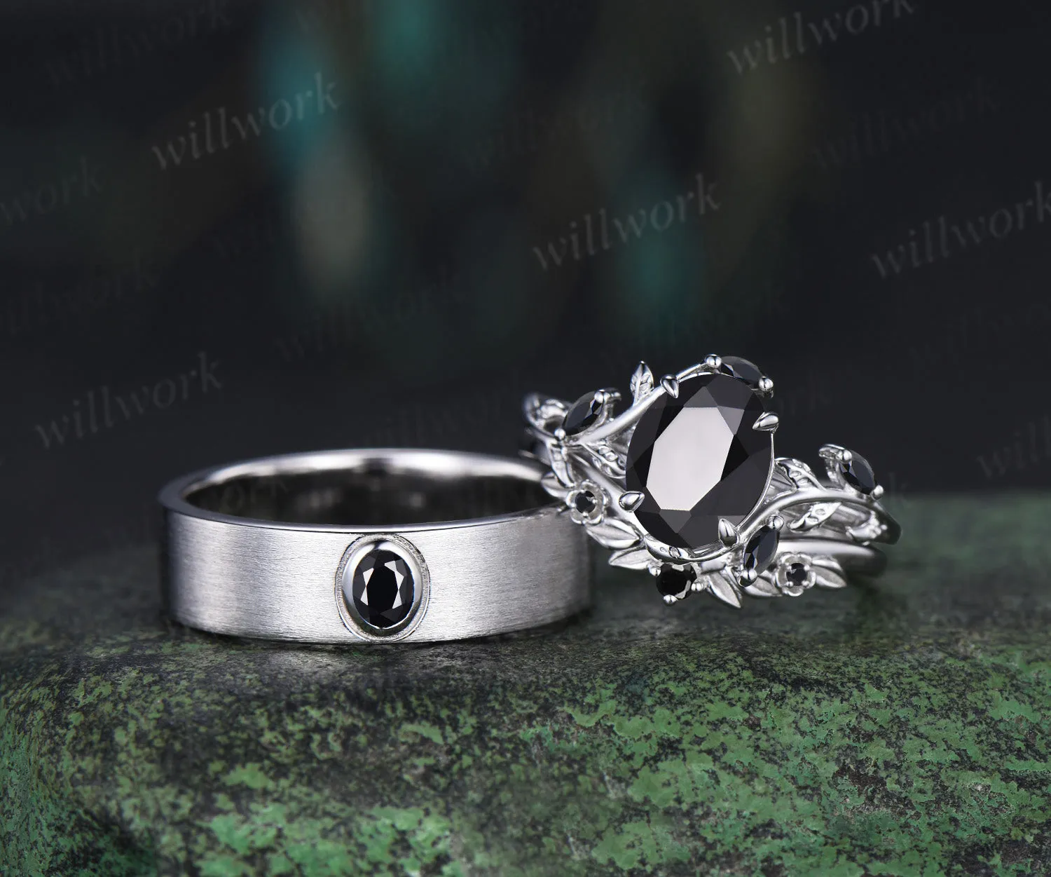 Oval Cut Black Onyx Leaf Vine Froral Ring Set & Solitaire Black Onyx Brushed Finish Men Wedding Ring Couple Ring Set sold by Willwork Jewelry product image thumbnail 4