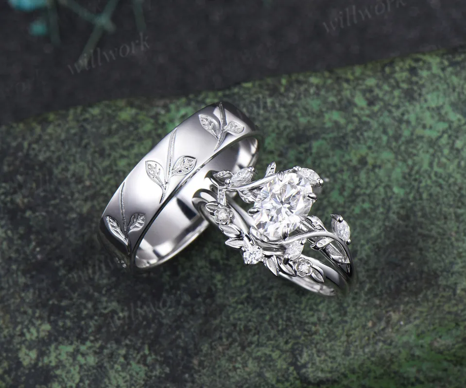 Nature Inspired Oval Cut Moissanite Leaf Floral Ring Set & 5.5mm Leaf Engraved Full Eternity Men Ring Unique Couple Ring Set sold by Willwork Jewelry