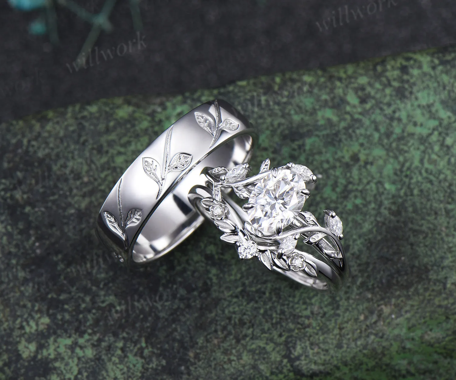 Nature Inspired Oval Cut Moissanite Leaf Floral Ring Set & 5.5mm Leaf Engraved Full Eternity Men Ring Unique Couple Ring Set sold by Willwork Jewelry