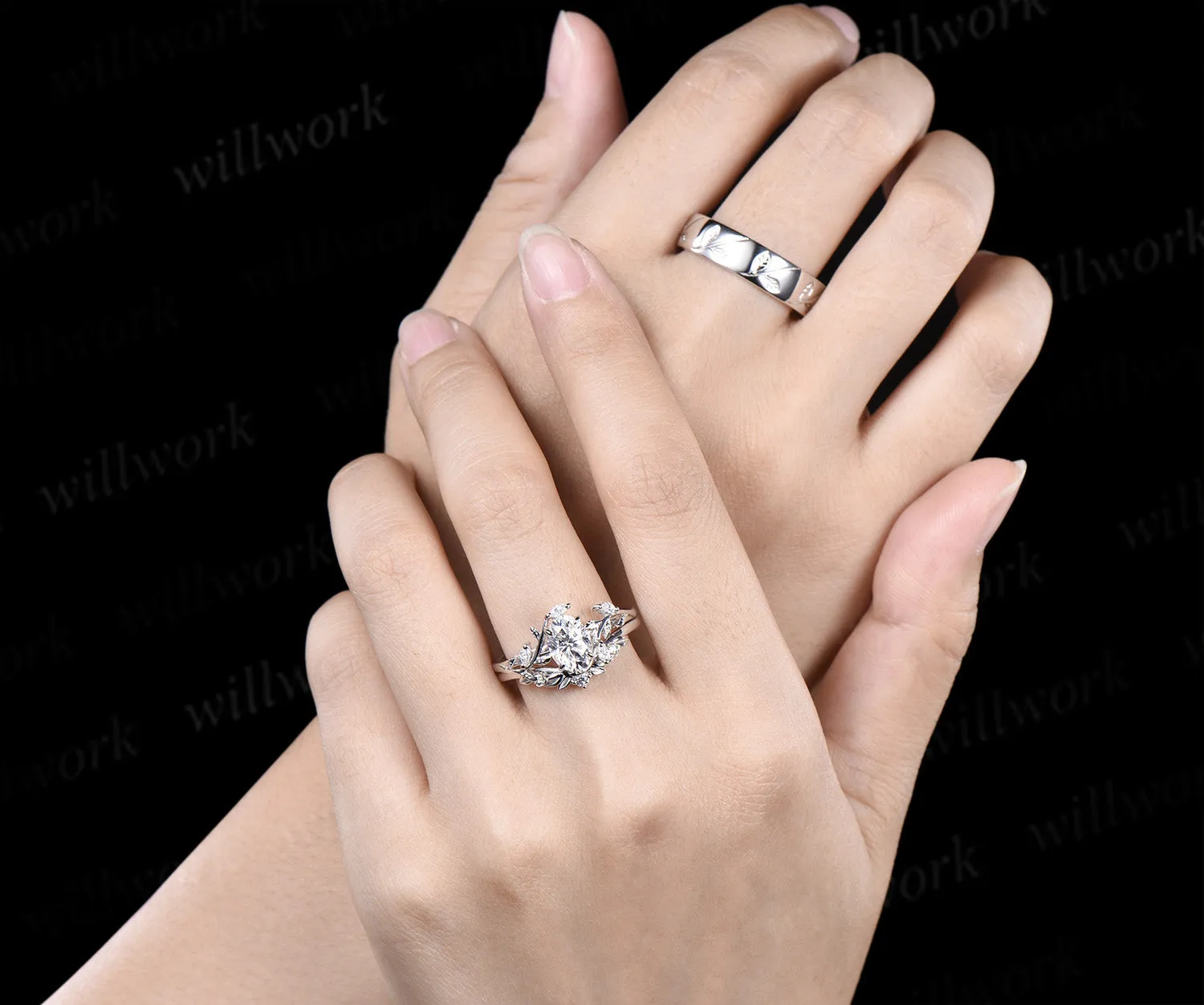 Nature Inspired Oval Cut Moissanite Leaf Floral Ring Set & 5.5mm Leaf Engraved Full Eternity Men Ring Unique Couple Ring Set sold by Willwork Jewelry product image thumbnail 2