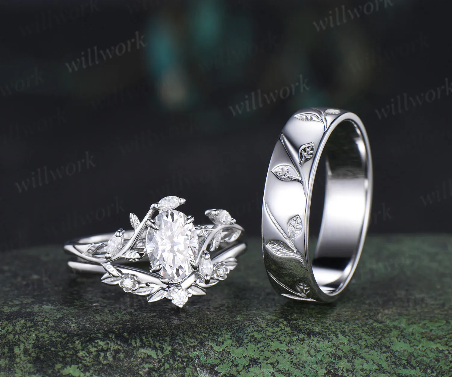 Nature Inspired Oval Cut Moissanite Leaf Floral Ring Set & 5.5mm Leaf Engraved Full Eternity Men Ring Unique Couple Ring Set sold by Willwork Jewelry product image thumbnail 4