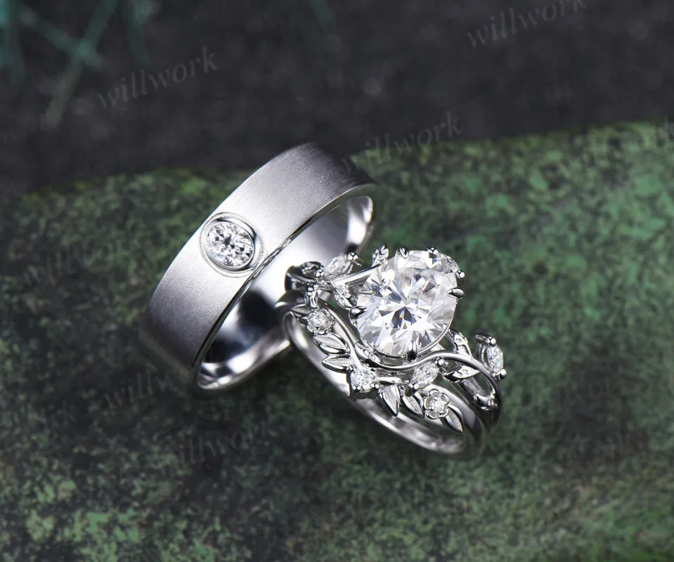 Oval Cut Moissanite Leaf Floral Ring Set & Brushed Finish Solitaire Men Wedding Ring Nature Inspired Couple Ring Set sold by Willwork Jewelry