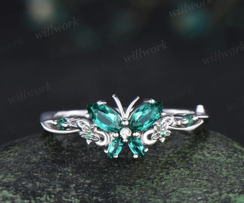 Vintage butterful marquise emerald engagement ring unique floral green emerald ring elegant bridal ring gifts for her sold by Willwork Jewelry