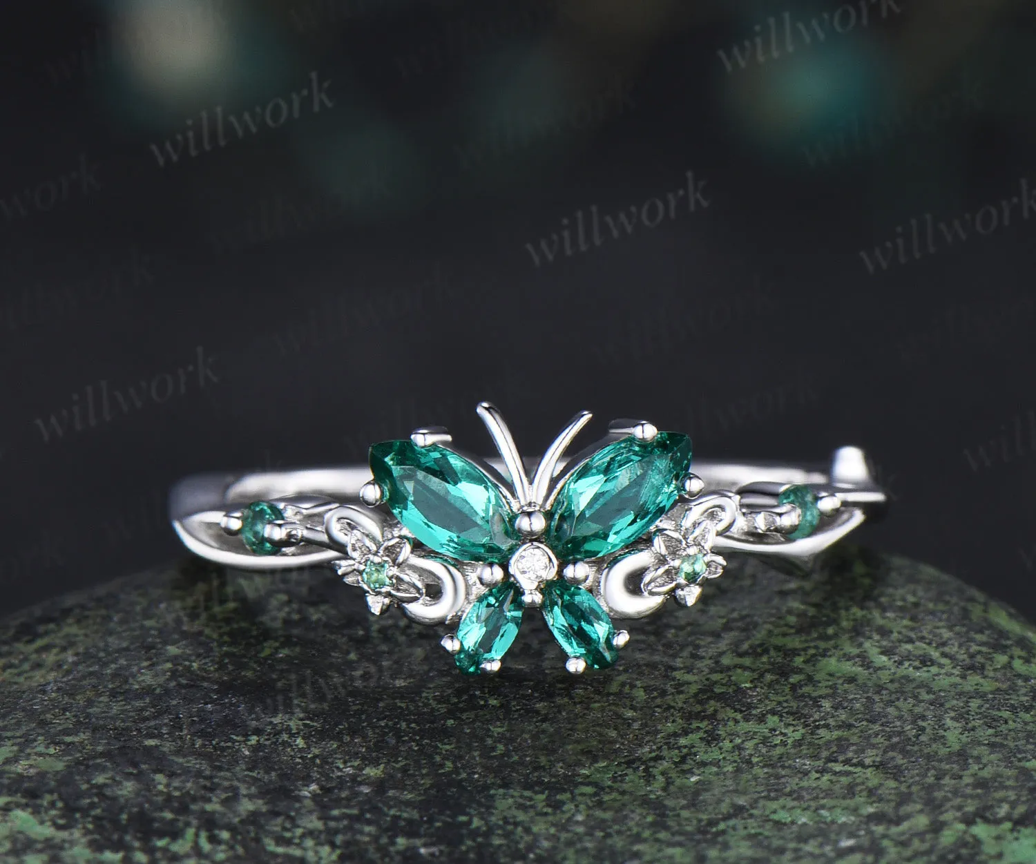 Vintage butterful marquise emerald engagement ring unique floral green emerald ring elegant bridal ring gifts for her sold by Willwork Jewelry