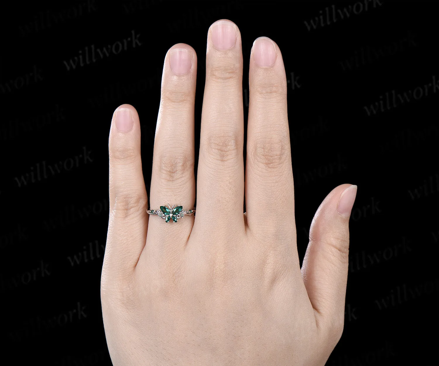 Vintage butterful marquise emerald engagement ring unique floral green emerald ring elegant bridal ring gifts for her sold by Willwork Jewelry product image thumbnail 2