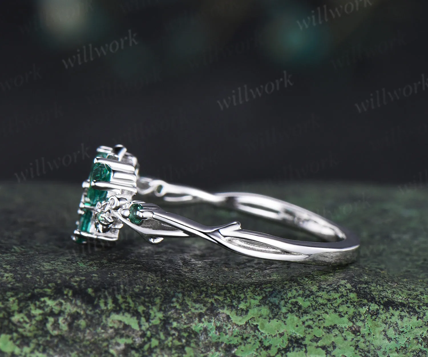 Vintage butterful marquise emerald engagement ring unique floral green emerald ring elegant bridal ring gifts for her sold by Willwork Jewelry product image thumbnail 4