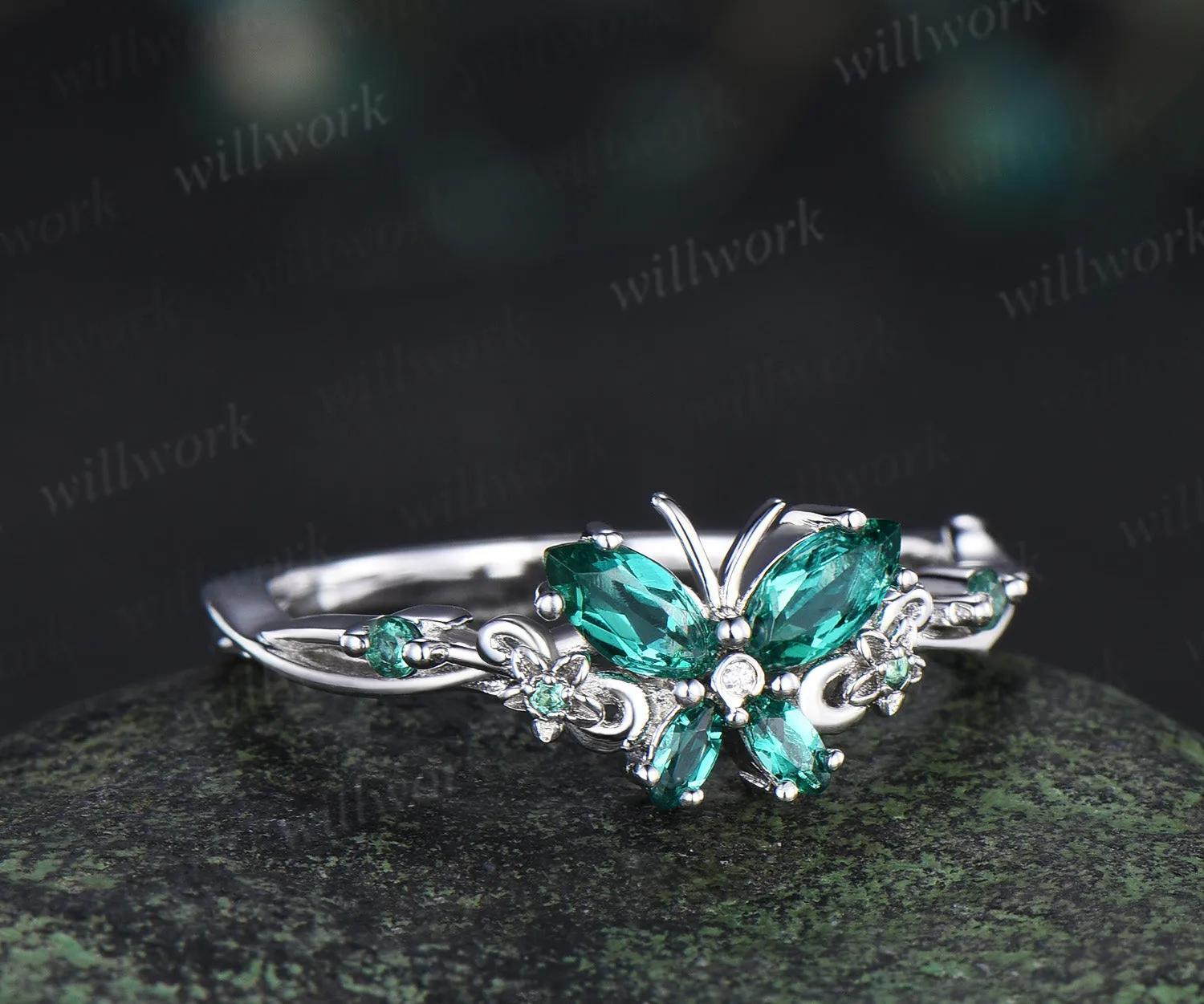Vintage butterful marquise emerald engagement ring unique floral green emerald ring elegant bridal ring gifts for her sold by Willwork Jewelry product image thumbnail 3