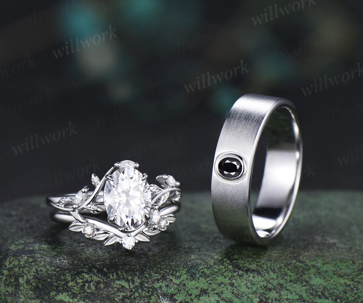 Vintage Oval Cut Moissanite Leaf Froral Ring Set & Brushed Finish Solitaire Moissanite Men Wedding Ring Nature Inspired Couple Ring Set sold by Willwork Jewelry product image thumbnail 4