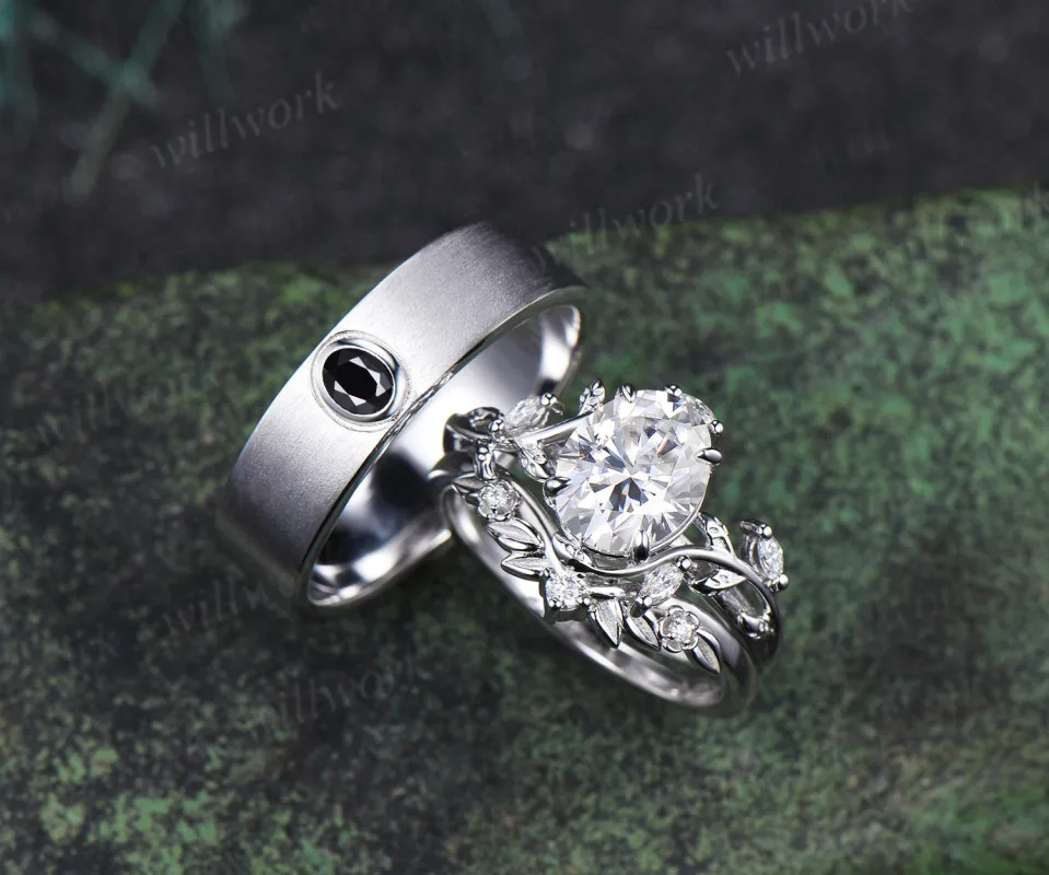 Vintage Oval Cut Moissanite Leaf Froral Ring Set & Brushed Finish Solitaire Moissanite Men Wedding Ring Nature Inspired Couple Ring Set sold by Willwork Jewelry