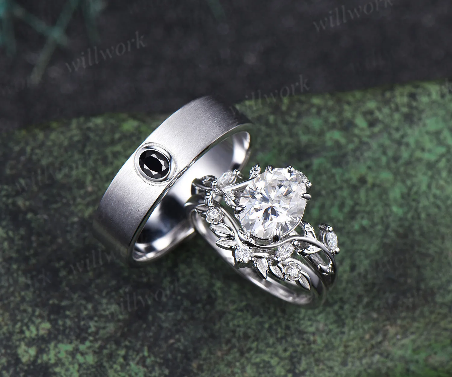 Vintage Oval Cut Moissanite Leaf Froral Ring Set & Brushed Finish Solitaire Moissanite Men Wedding Ring Nature Inspired Couple Ring Set sold by Willwork Jewelry