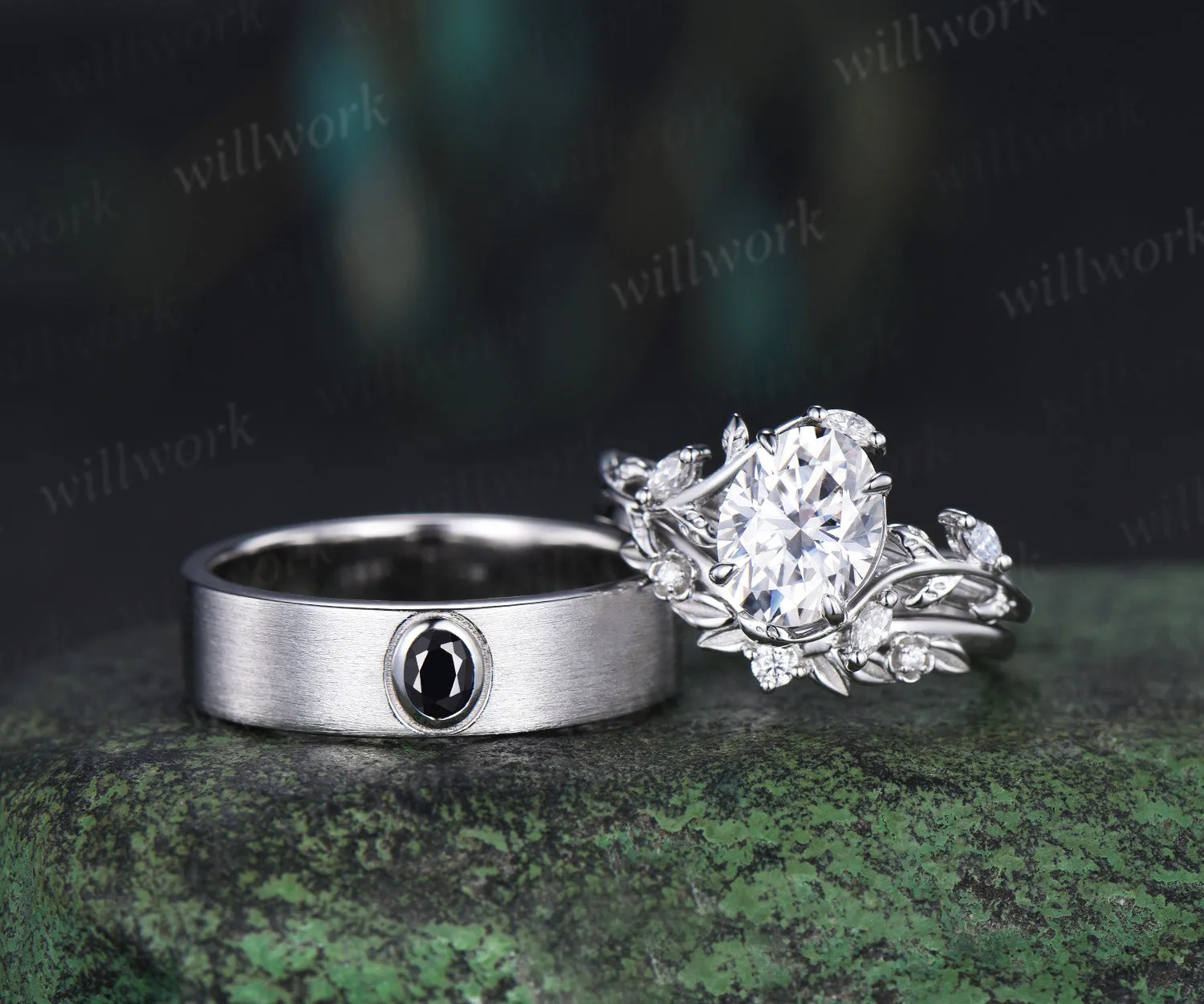 Vintage Oval Cut Moissanite Leaf Froral Ring Set & Brushed Finish Solitaire Moissanite Men Wedding Ring Nature Inspired Couple Ring Set sold by Willwork Jewelry product image thumbnail 3