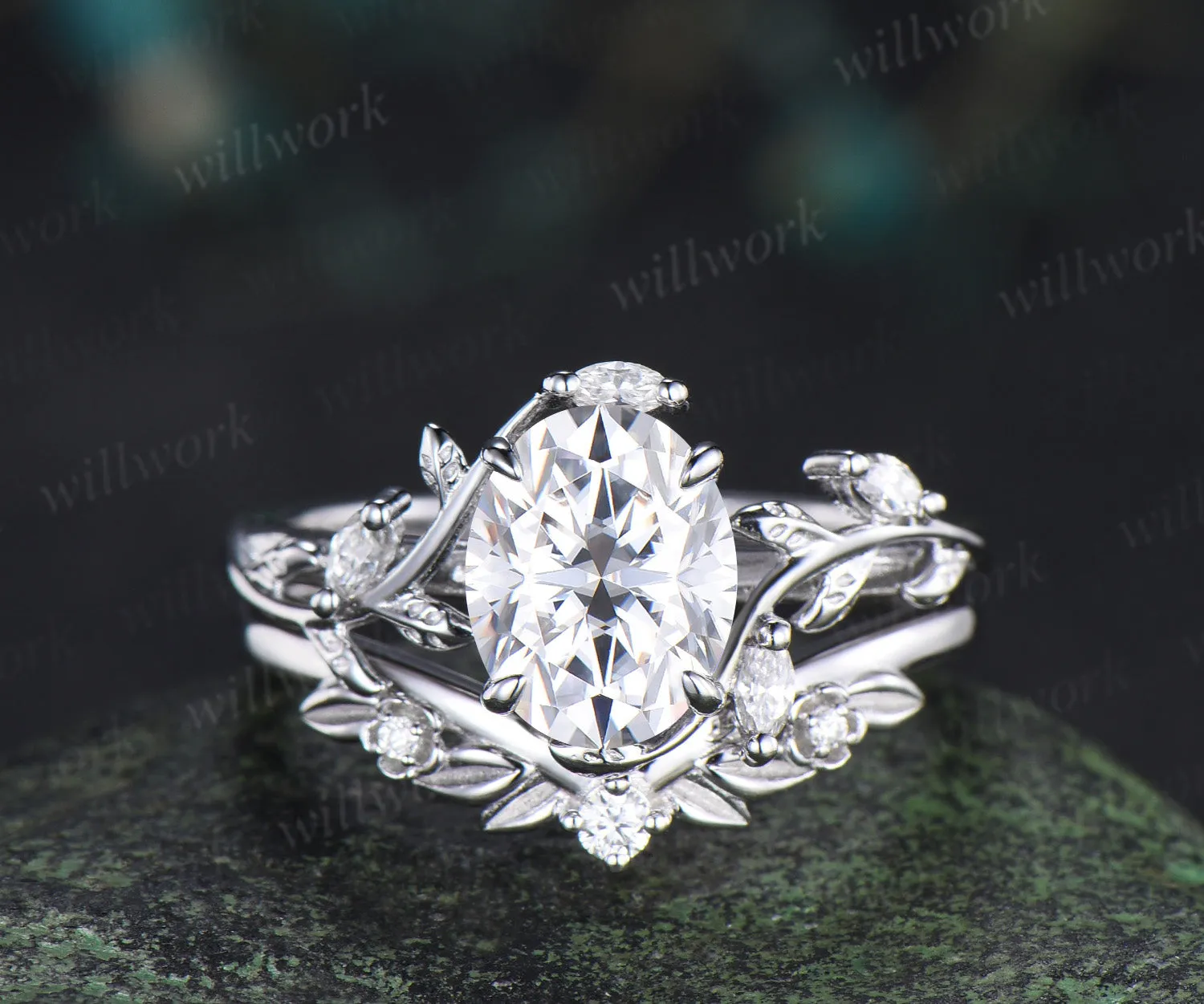 Vintage Oval Cut Moissanite Leaf Froral Ring Set & Brushed Finish Solitaire Moissanite Men Wedding Ring Nature Inspired Couple Ring Set sold by Willwork Jewelry product image thumbnail 5