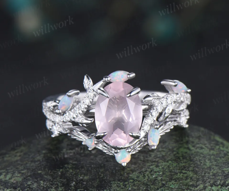 Vintage oval cut rose quartz engagement ring set leaf nature inspired opal moissanite bridal ring matching wedding band gifts for her sold by Willwork Jewelry