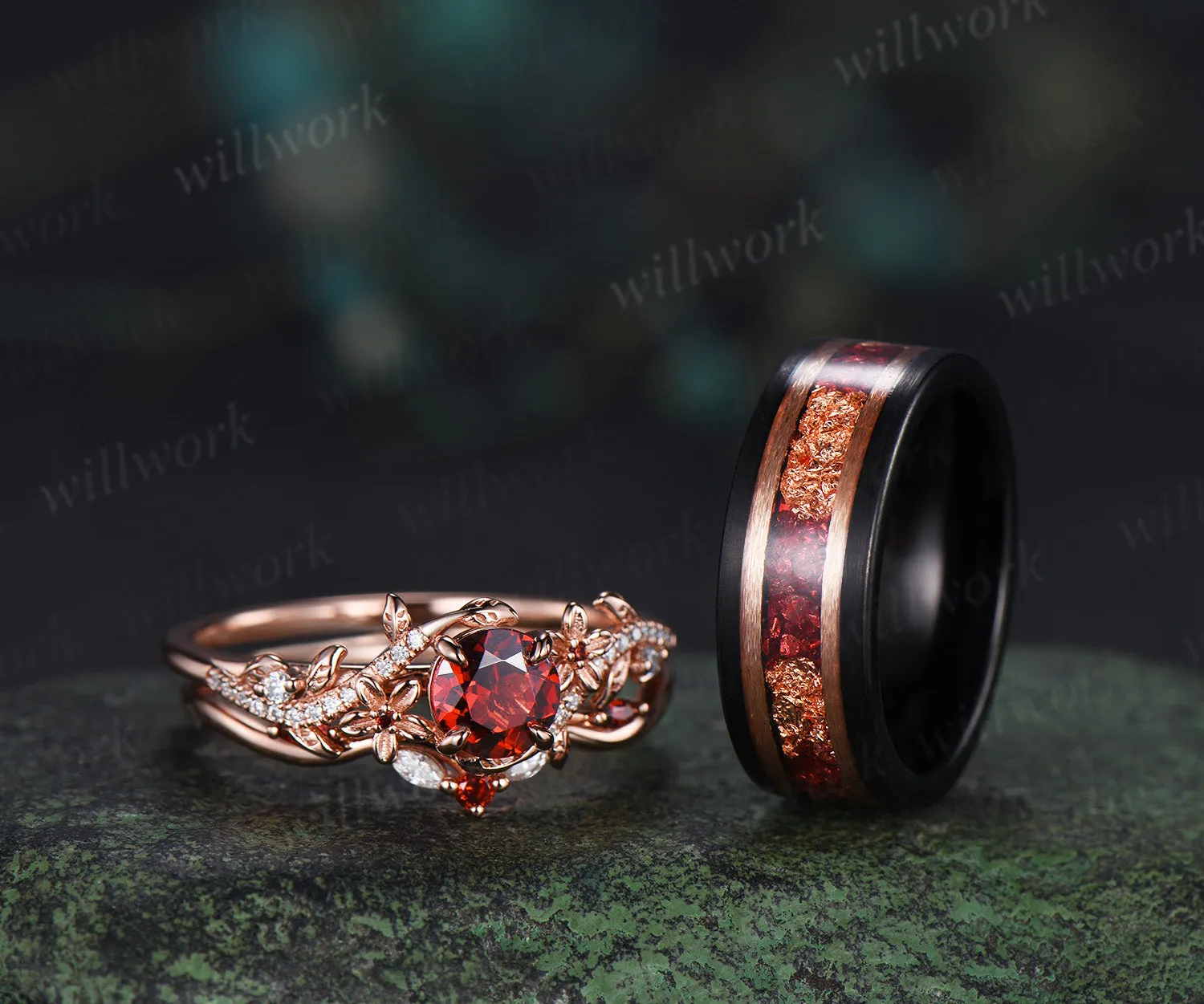 Dainty 5mm Round Garnet Leaf Floral Ring Set & Tungsten Garnets Gold Flakes Men Band Unique Couple Ring Set sold by Willwork Jewelry product image thumbnail 4