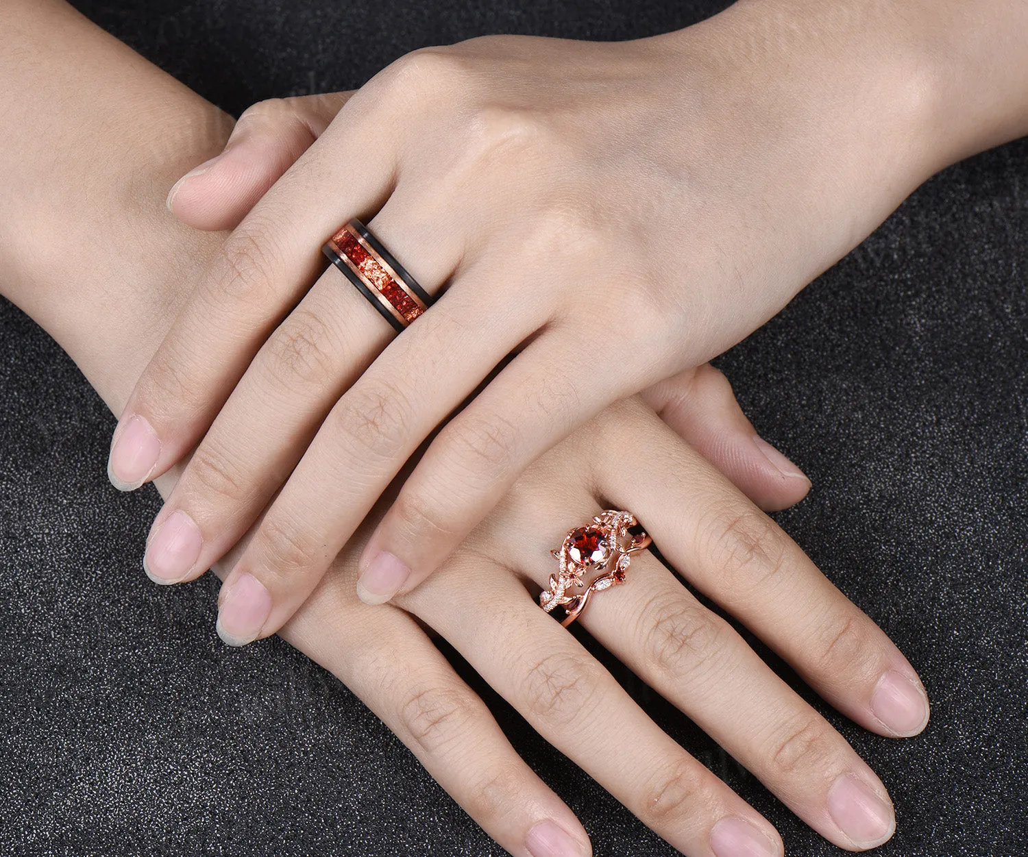Dainty 5mm Round Garnet Leaf Floral Ring Set & Tungsten Garnets Gold Flakes Men Band Unique Couple Ring Set sold by Willwork Jewelry product image thumbnail 2