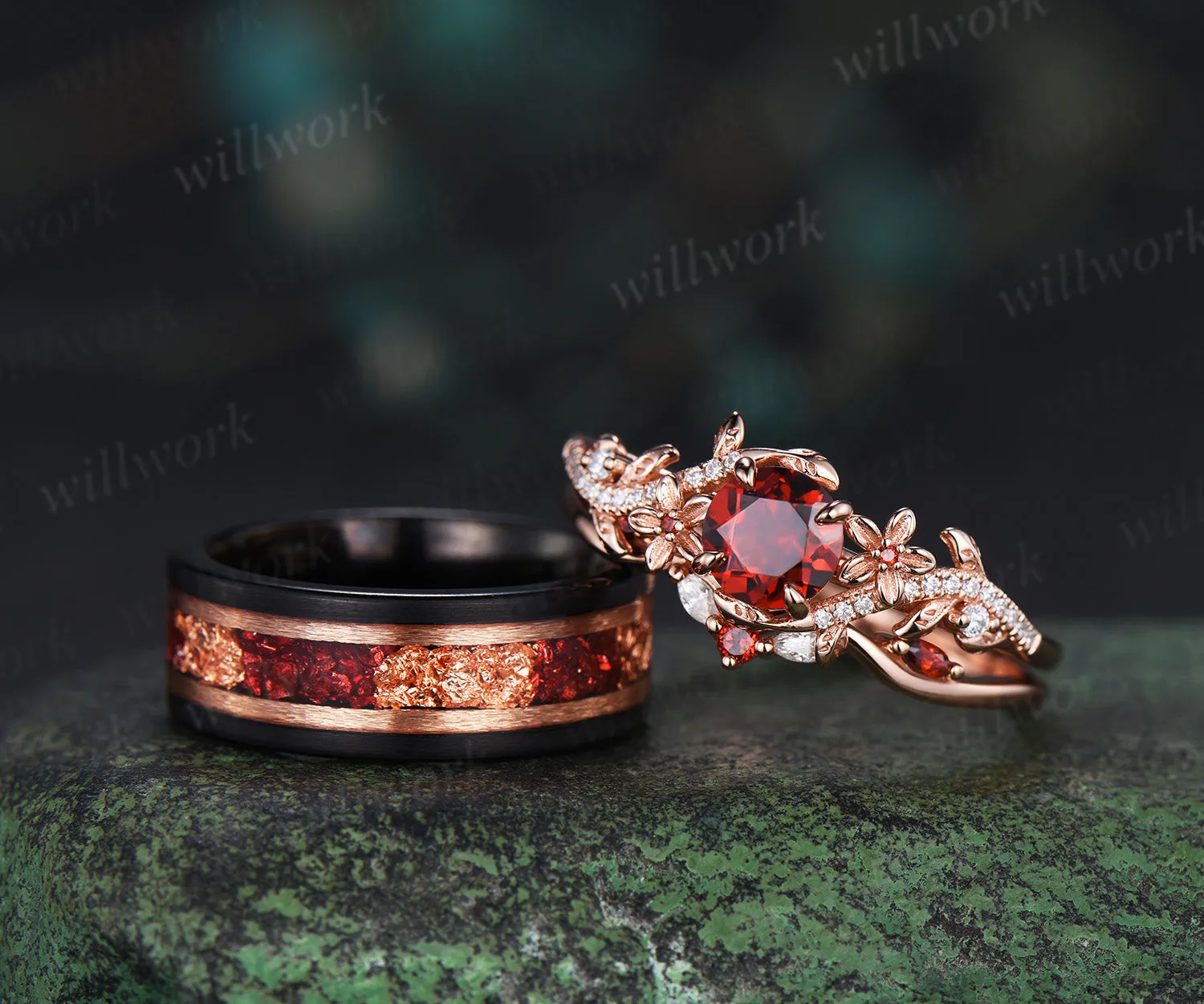 Dainty 5mm Round Garnet Leaf Floral Ring Set & Tungsten Garnets Gold Flakes Men Band Unique Couple Ring Set sold by Willwork Jewelry product image thumbnail 3