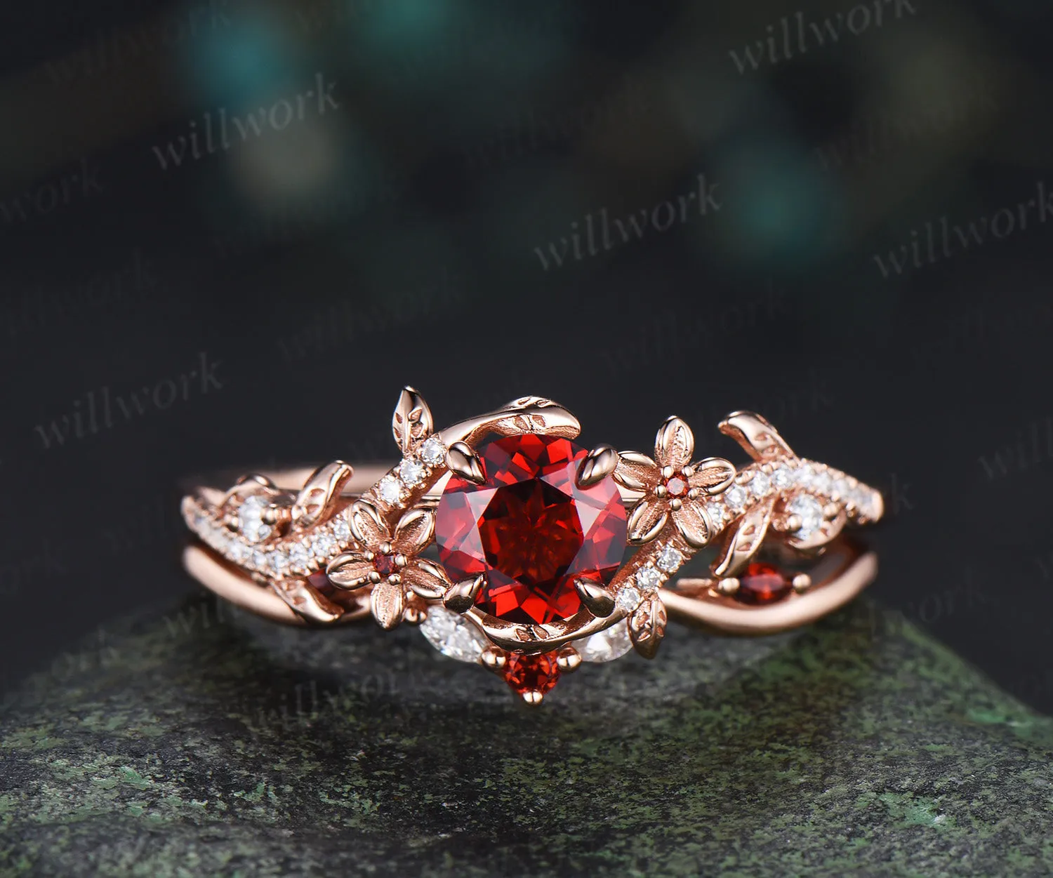 Dainty 5mm Round Garnet Leaf Floral Ring Set & Tungsten Garnets Gold Flakes Men Band Unique Couple Ring Set sold by Willwork Jewelry product image thumbnail 5