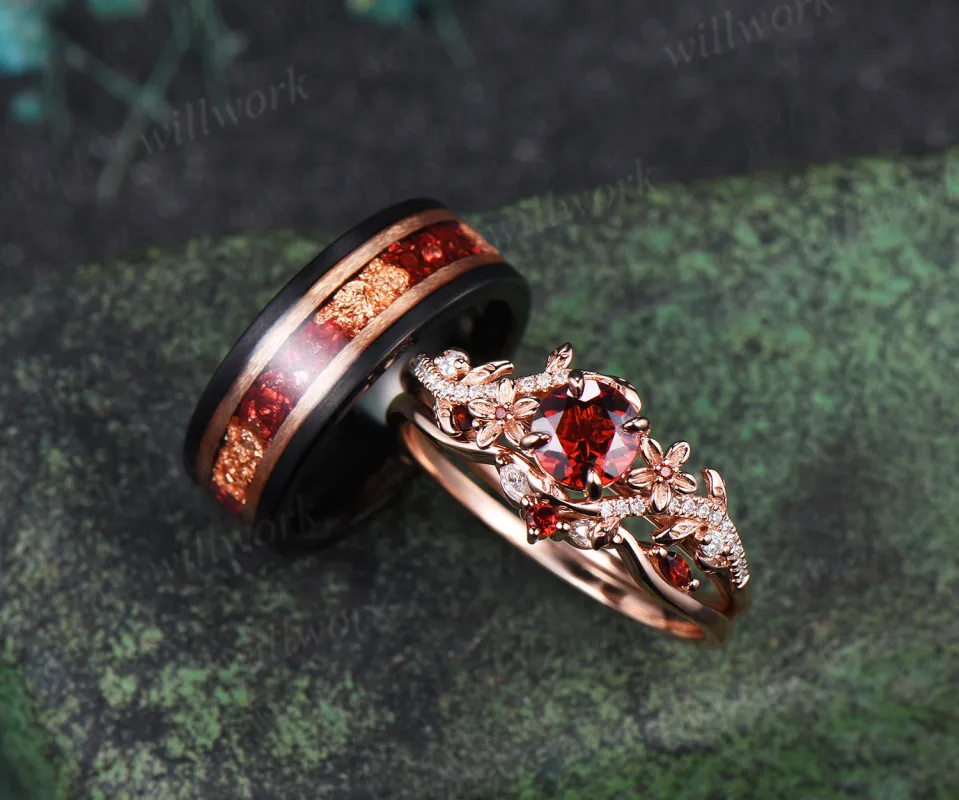 Dainty 5mm Round Garnet Leaf Floral Ring Set & Tungsten Garnets Gold Flakes Men Band Unique Couple Ring Set made by Willwork Jewelry