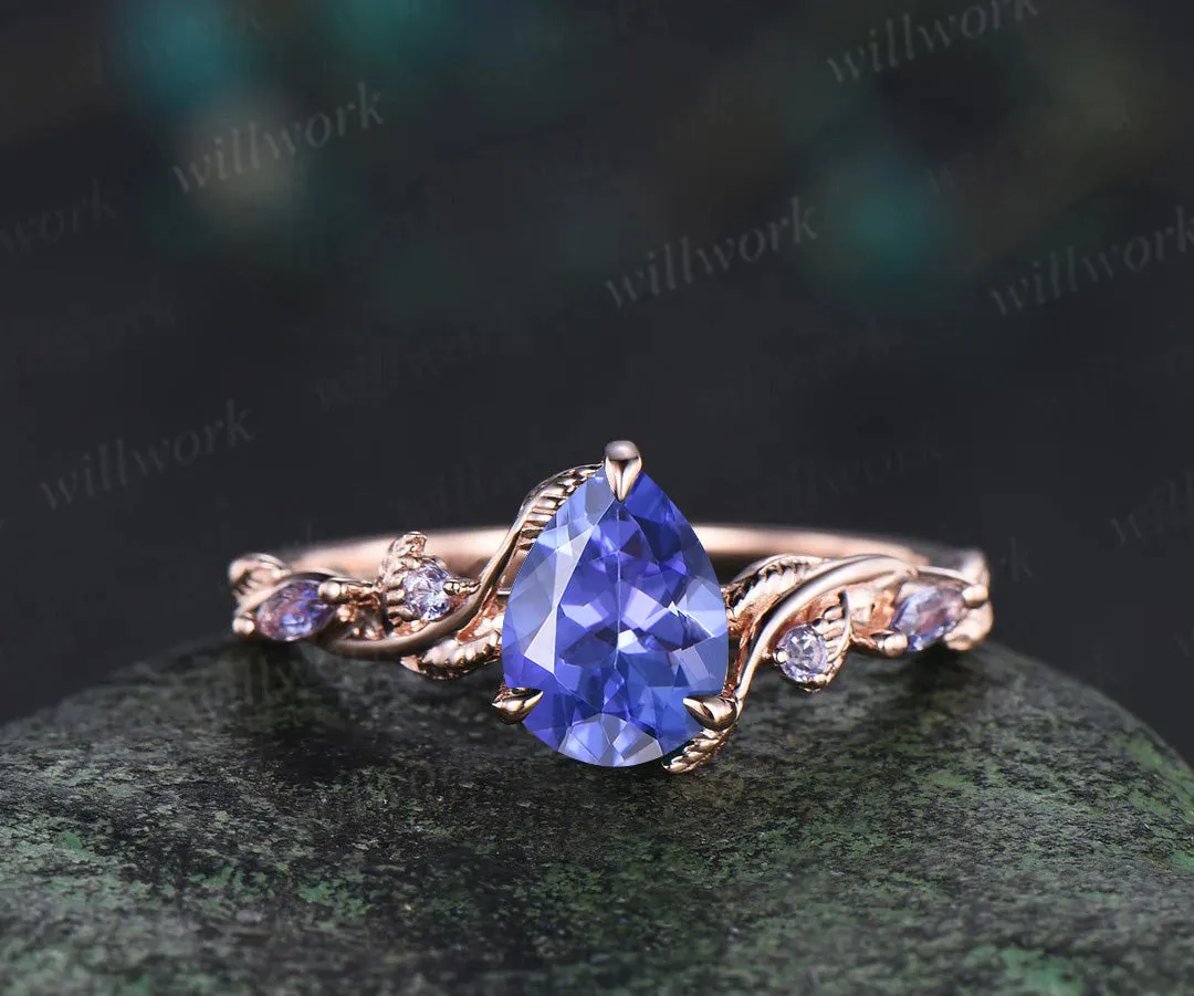 Pear tanzanite engagement ring set leaf pearl 14k rose gold wedding ring set jewelry sold by Willwork Jewelry product image thumbnail 2